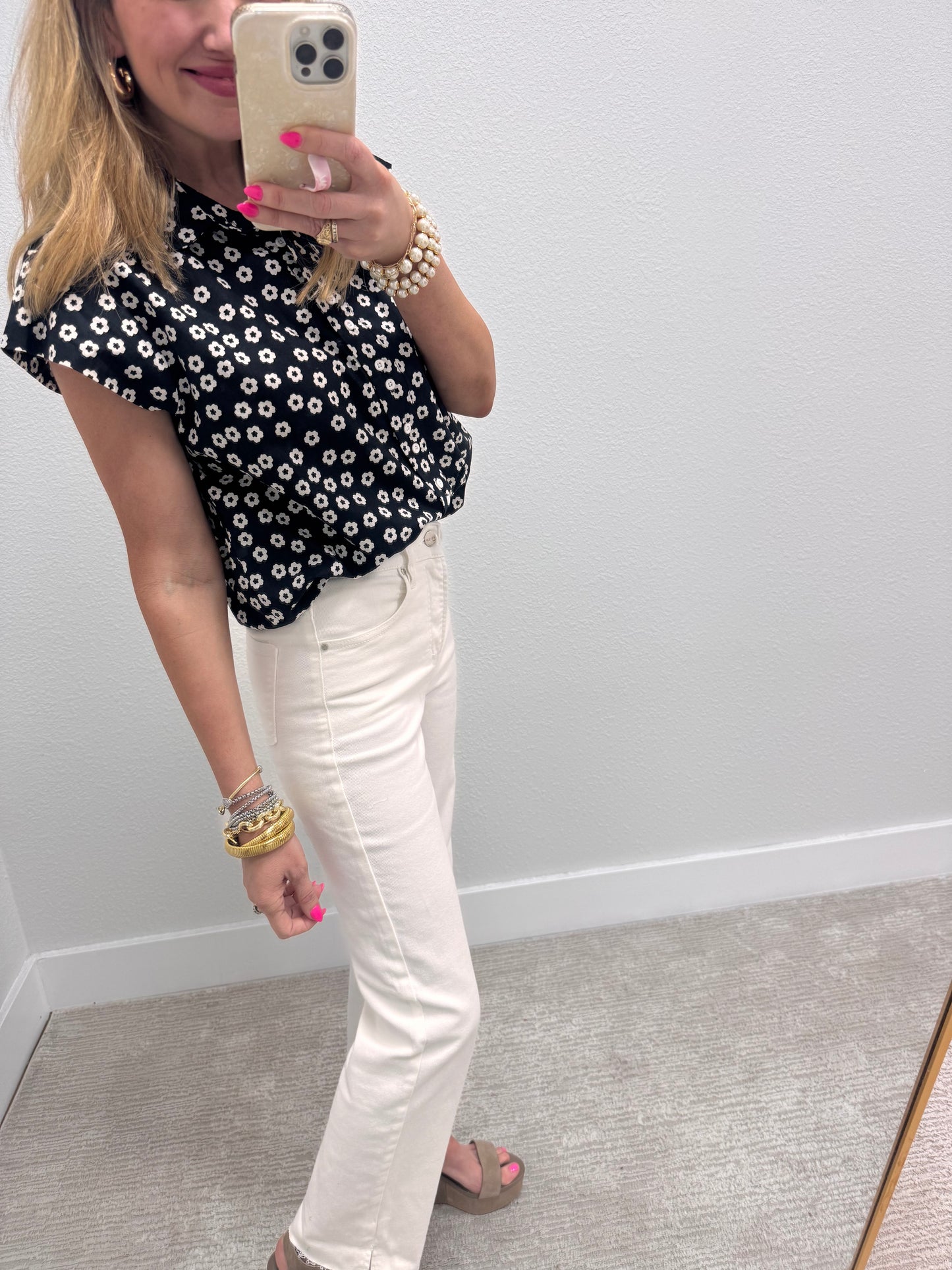 Black and White Flower Button Top