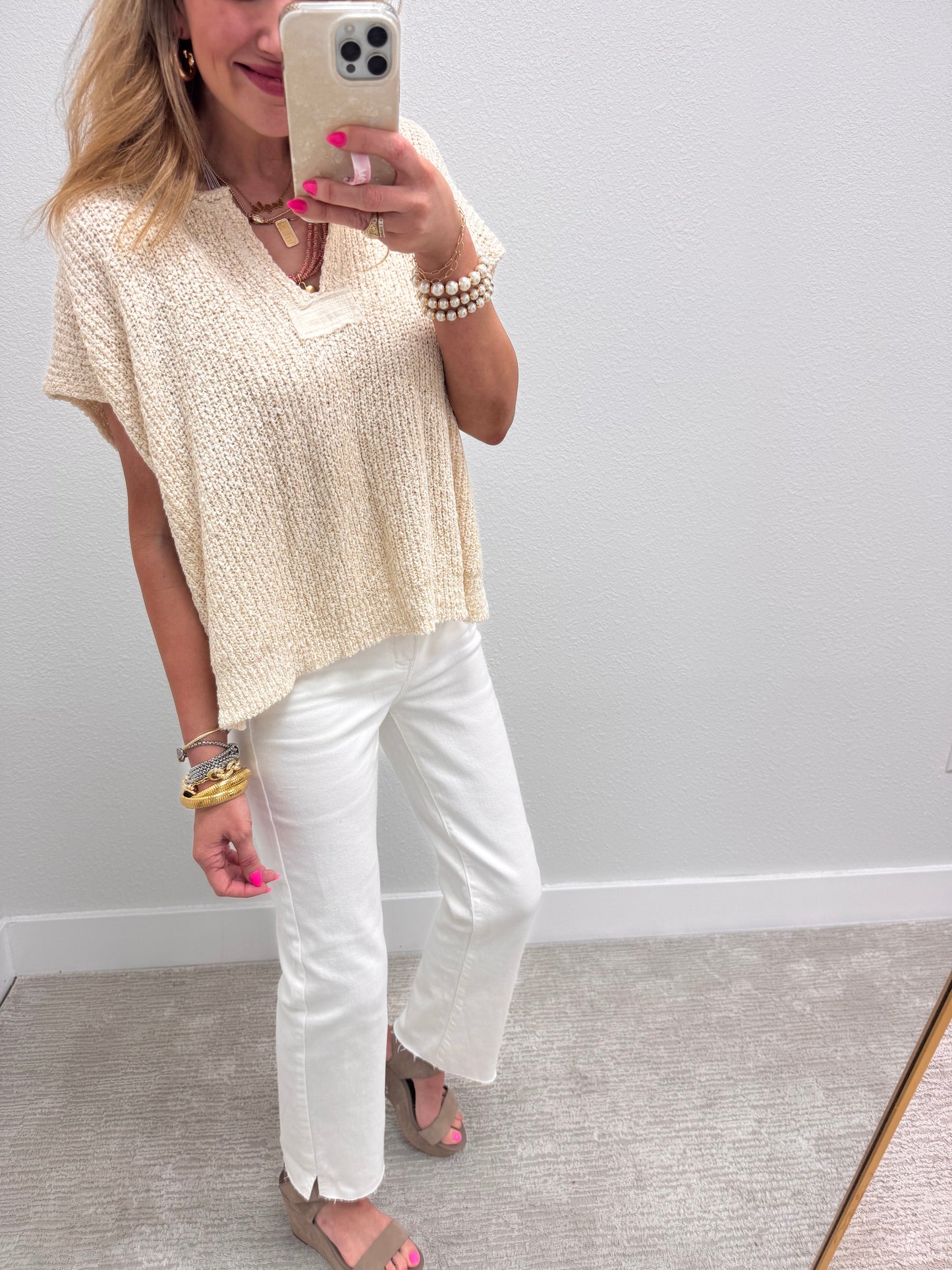 Beige Knit Short Sleeve Top