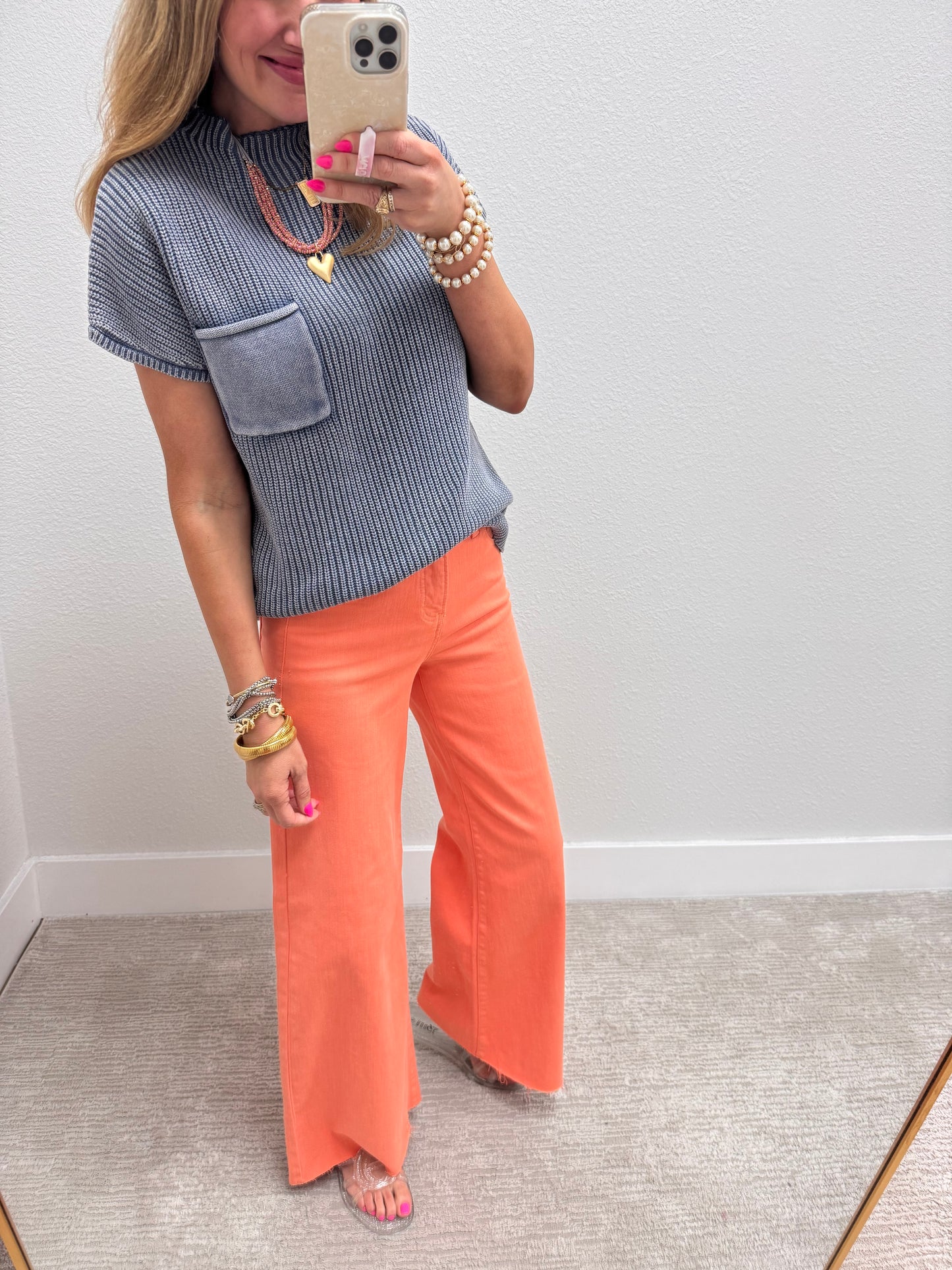 Dusty Blue Solid High Neck Short Sleeve Sweater Top