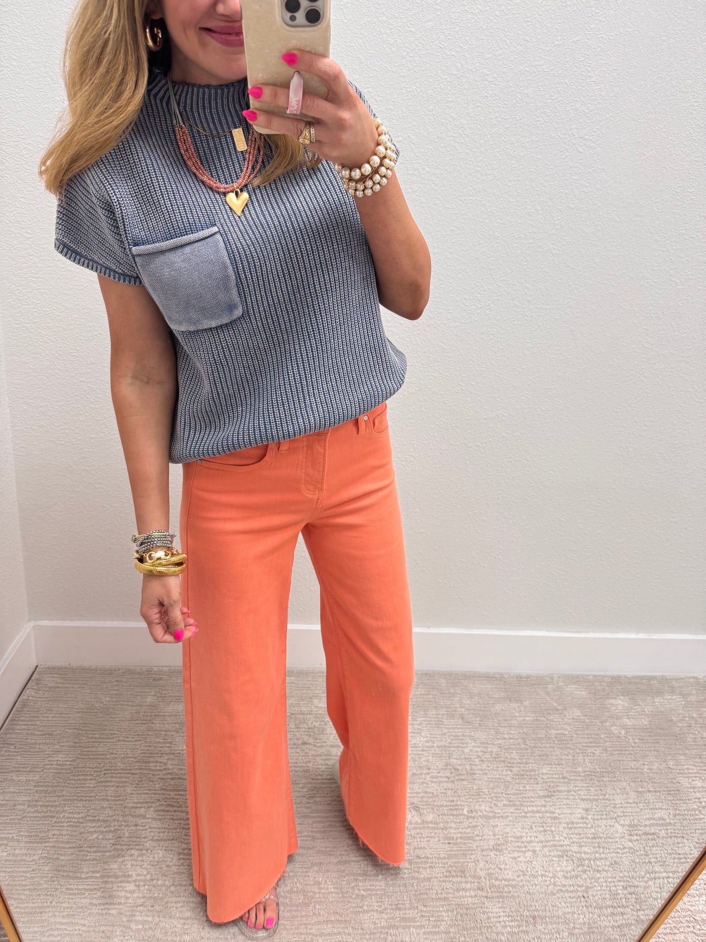 Dusty Blue Solid High Neck Short Sleeve Sweater Top