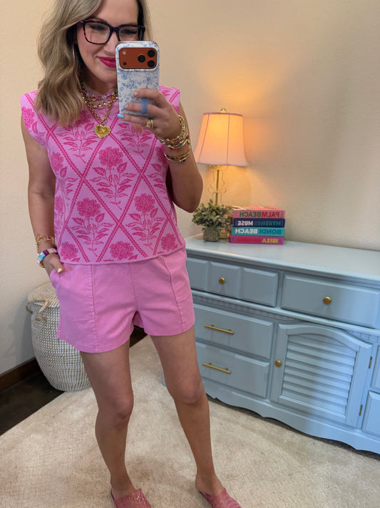 Pink Elastic Waist Drawstring Denim Shorts