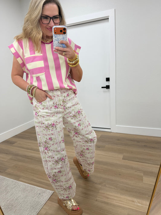 Ivory & Pink Floral Stripe Flower Printed Barrel Jeans