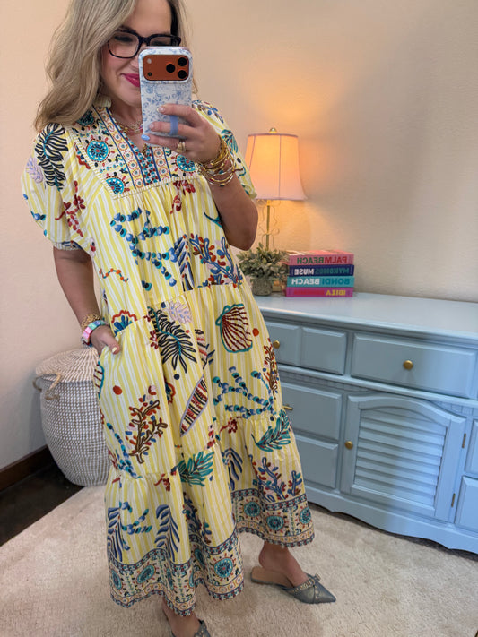 Butter Mix Aquatic Print Babydoll Midi Dress