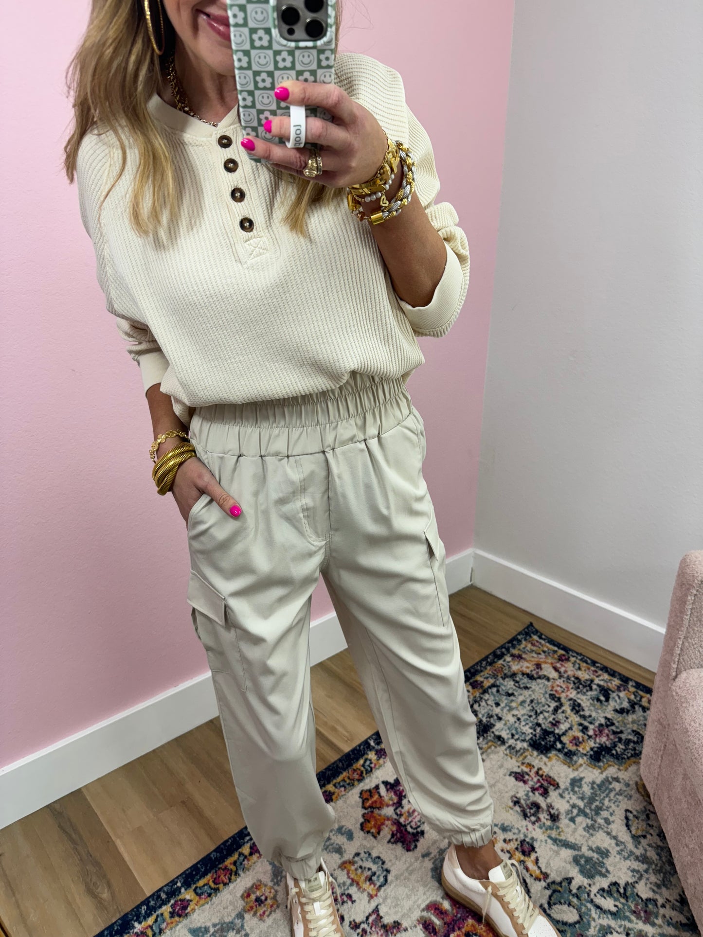 Cream High Elastic Waist Jogger Pants