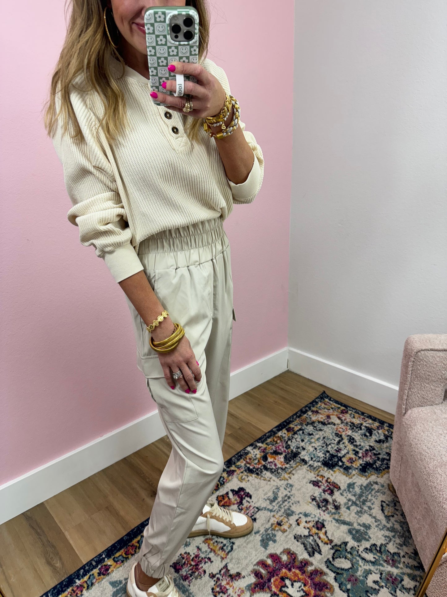 Cream High Elastic Waist Jogger Pants