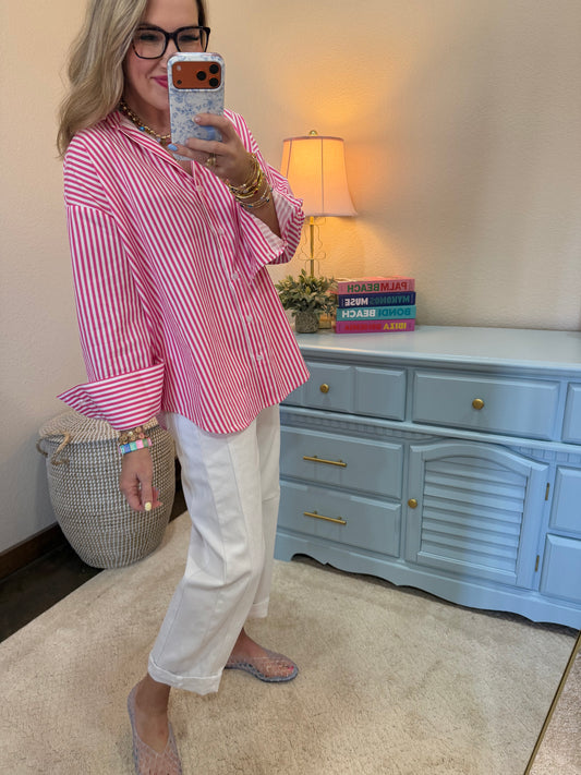 Pink Striped Button-up Poplin Shirt
