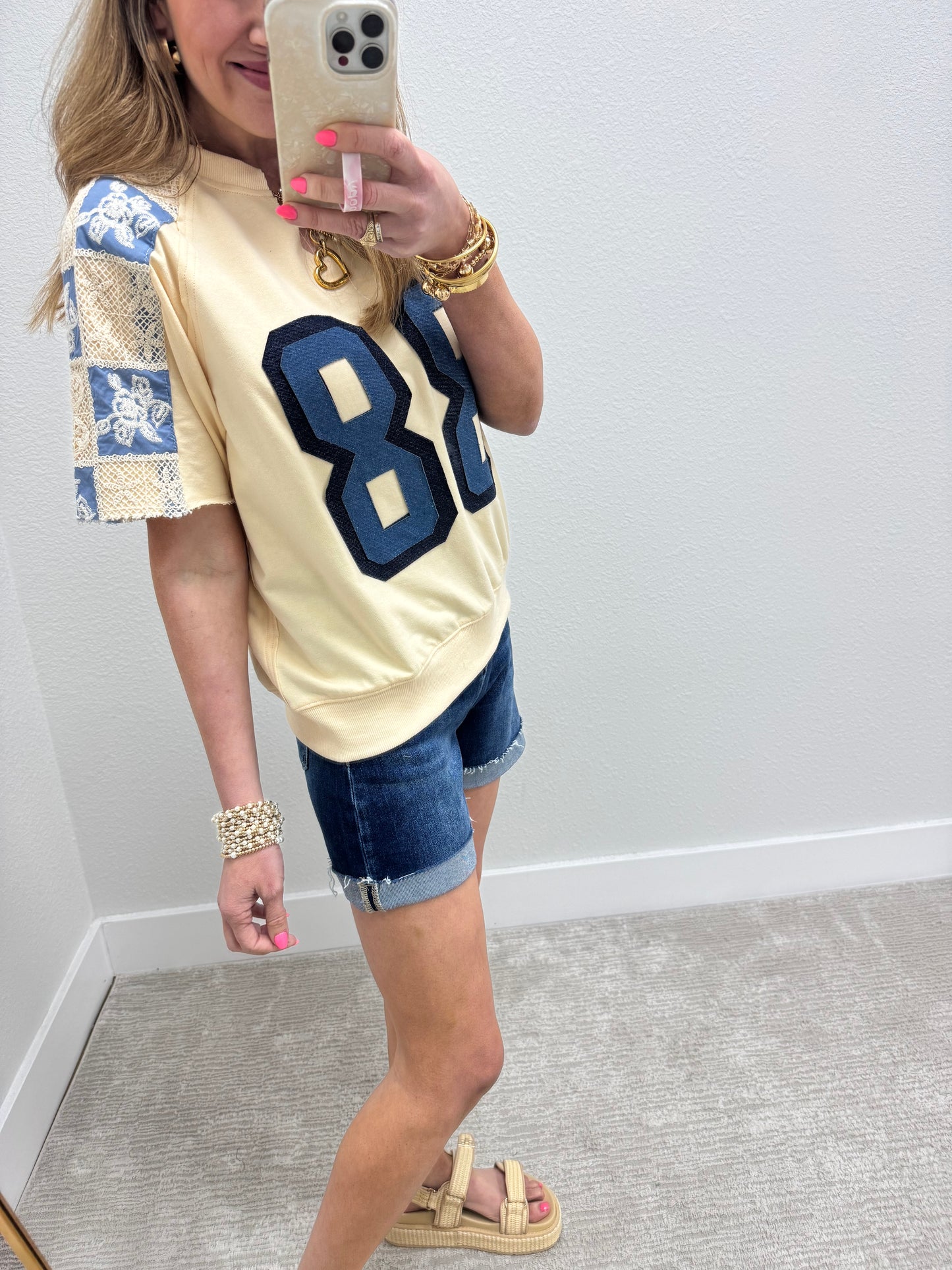 Cream & Denim Number Patch Embroidered Shirt