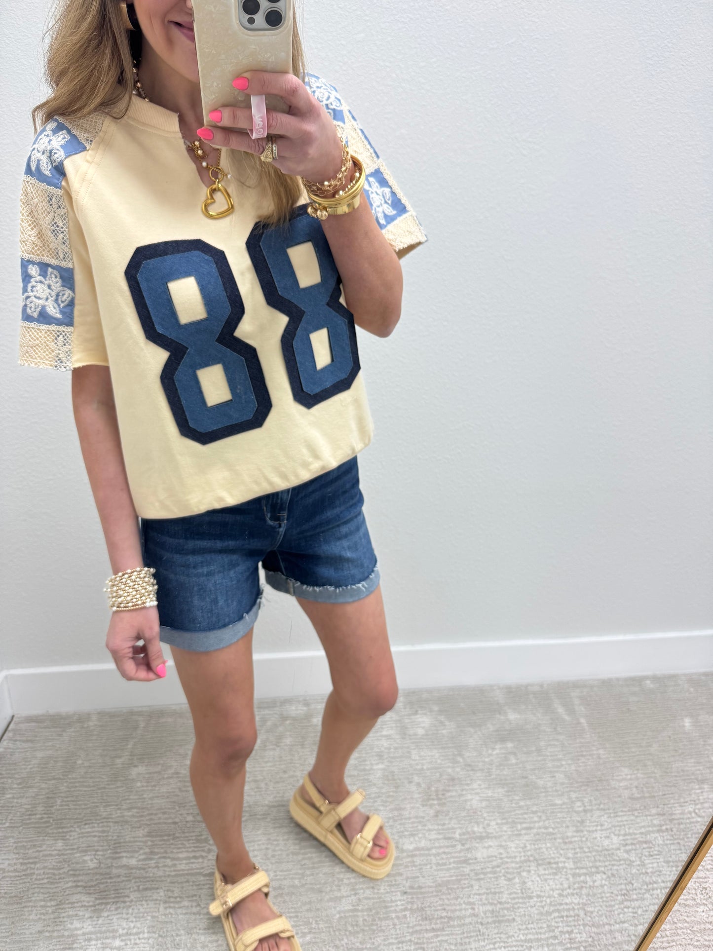 Cream & Denim Number Patch Embroidered Shirt