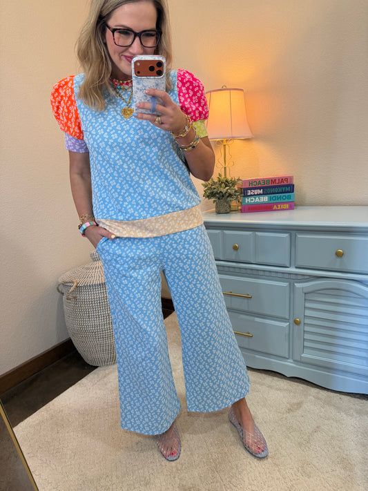 Light Blue Color Block Puff Sleeve Pant Set