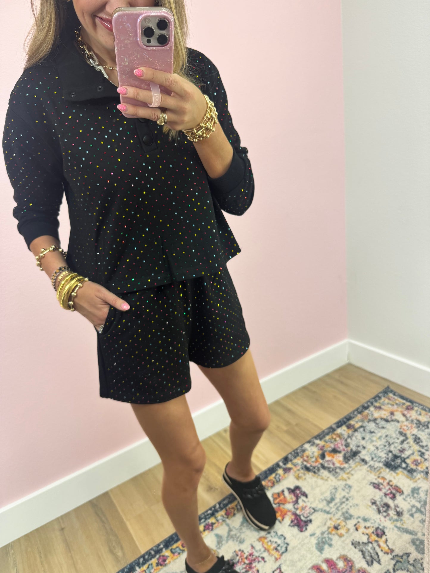 Black Two Piece Multi Colored Stone Short Set FS