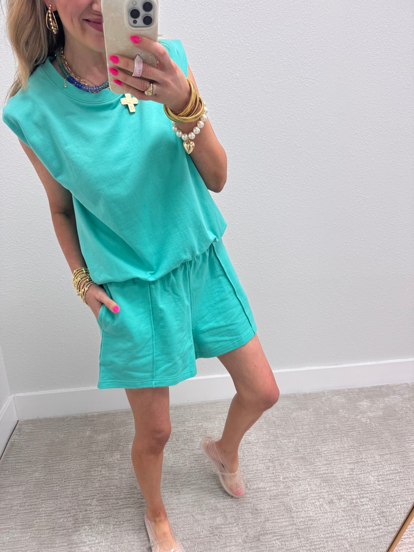 Mint French Terry Sleeveless Short Set