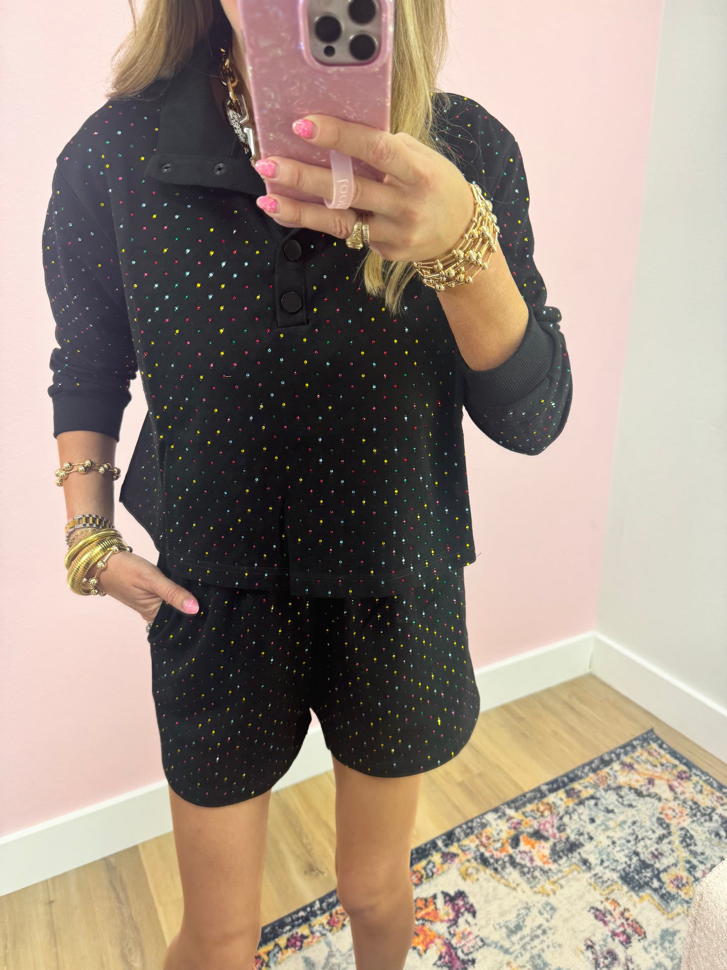 Black Two Piece Multi Colored Stone Short Set FS