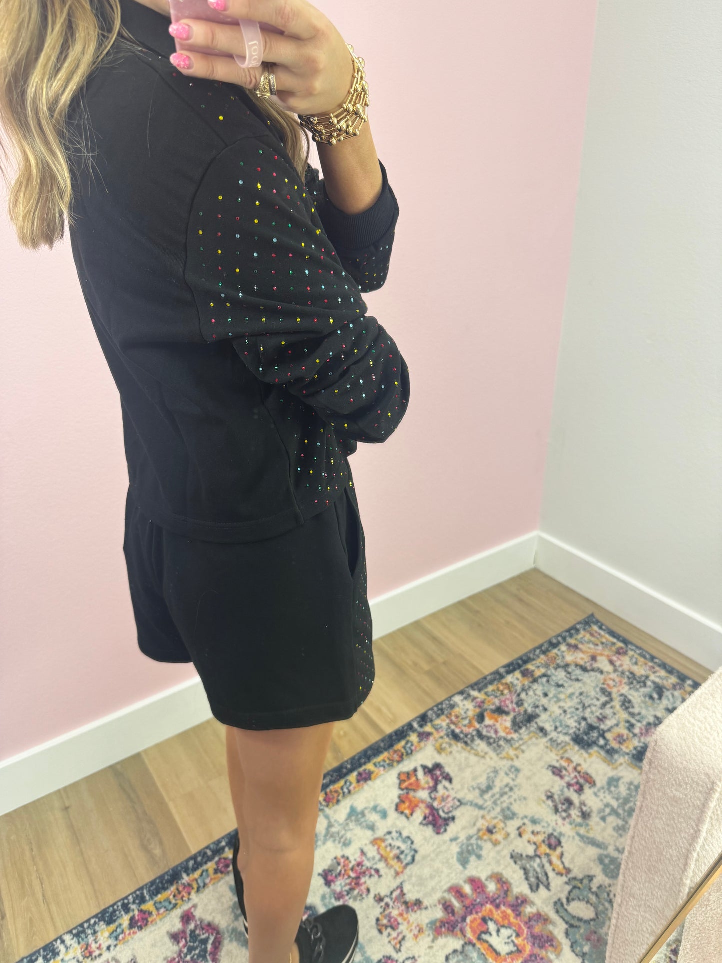 Black Two Piece Multi Colored Stone Short Set FS
