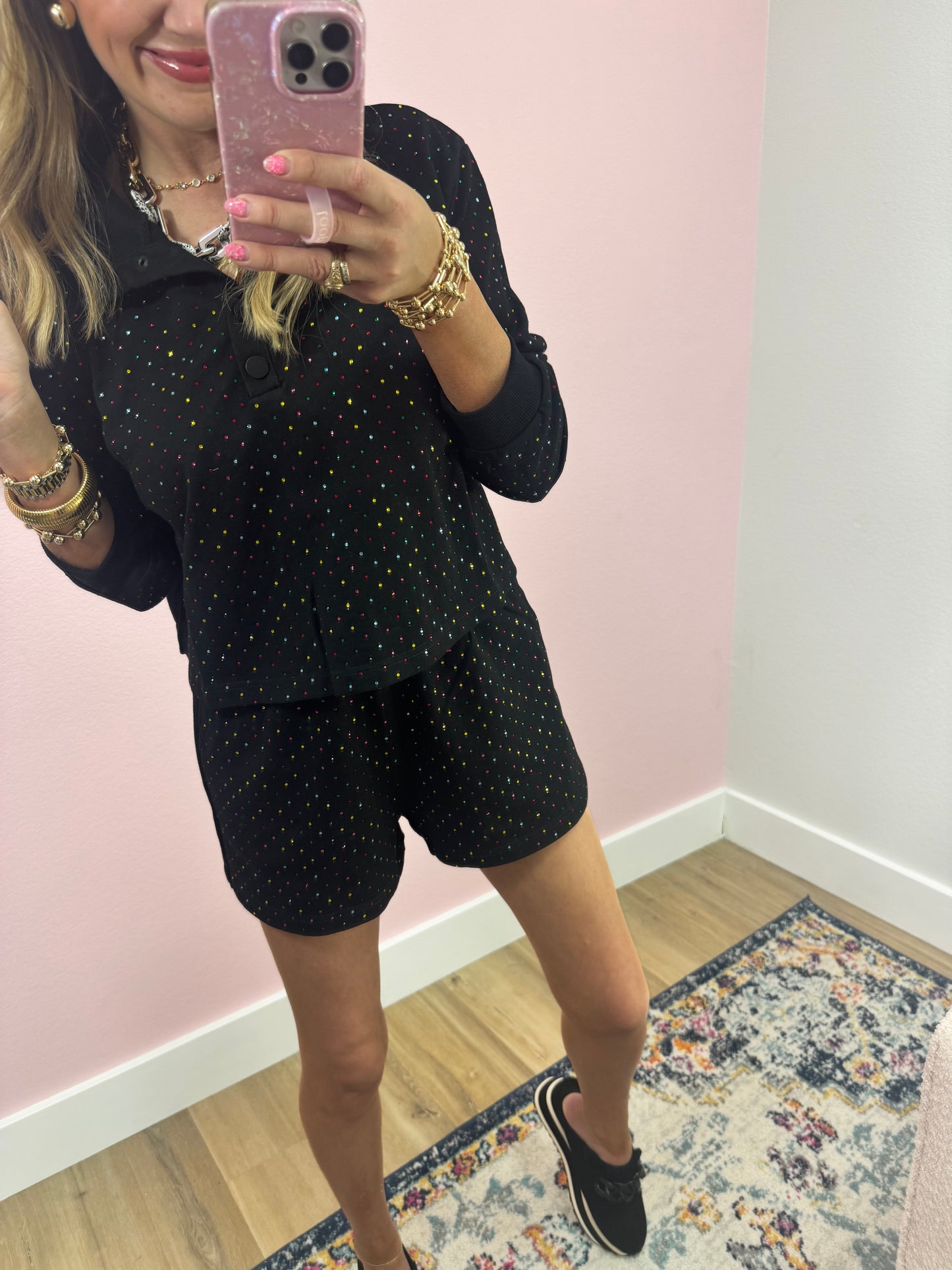 Black Two Piece Multi Colored Stone Short Set FS