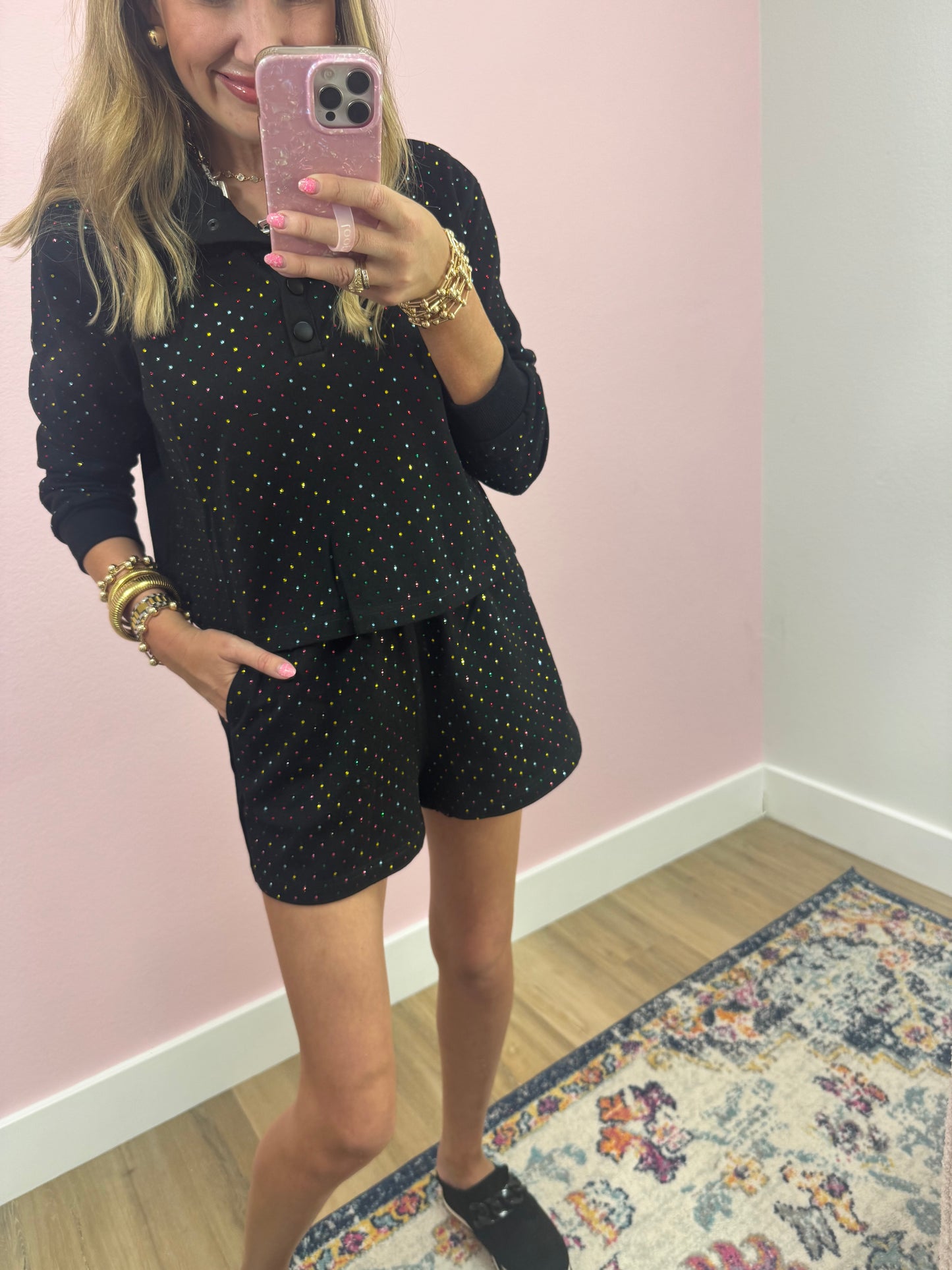 Black Two Piece Multi Colored Stone Short Set FS