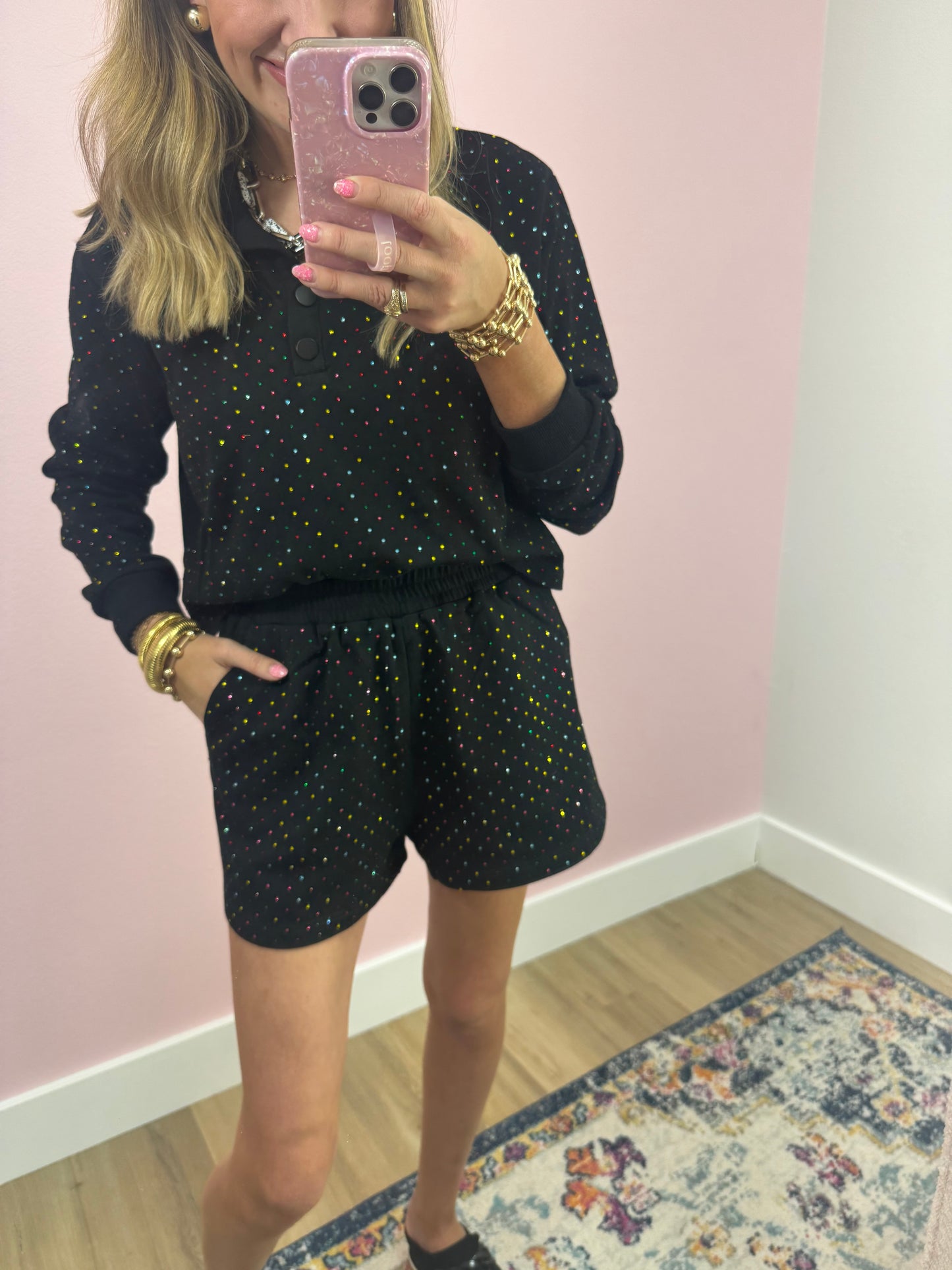 Black Two Piece Multi Colored Stone Short Set FS