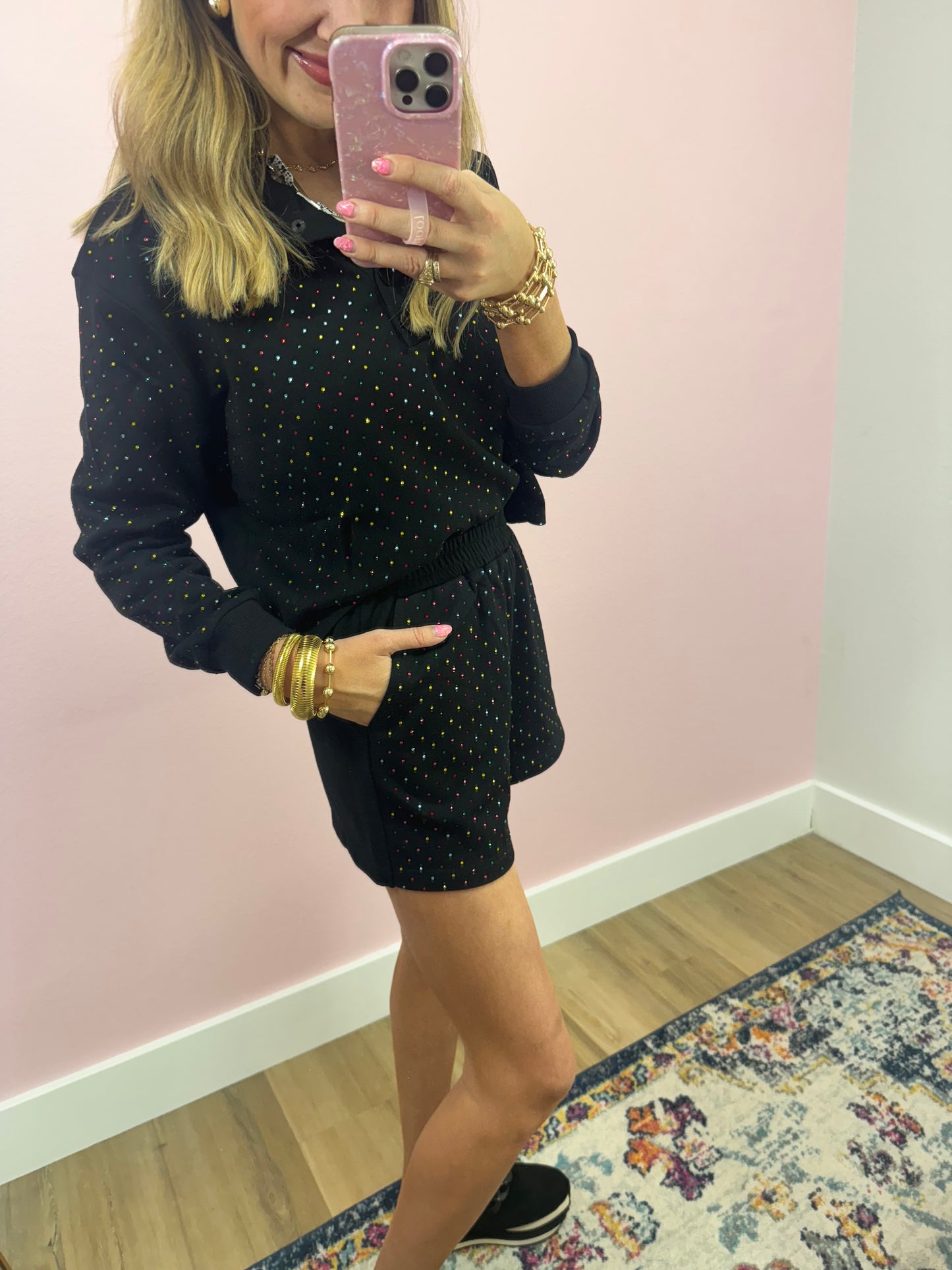 Black Two Piece Multi Colored Stone Short Set FS