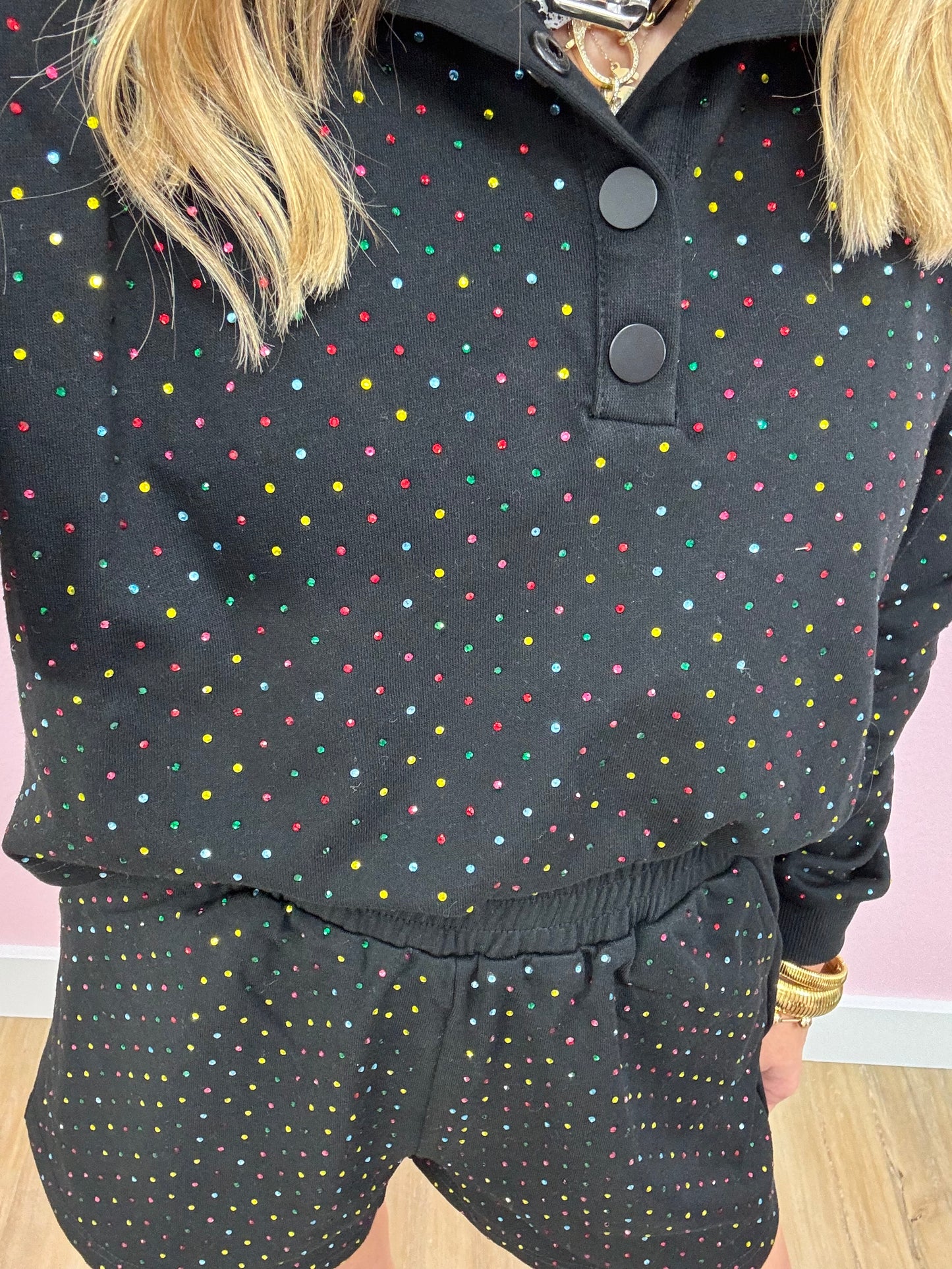 Black Two Piece Multi Colored Stone Short Set