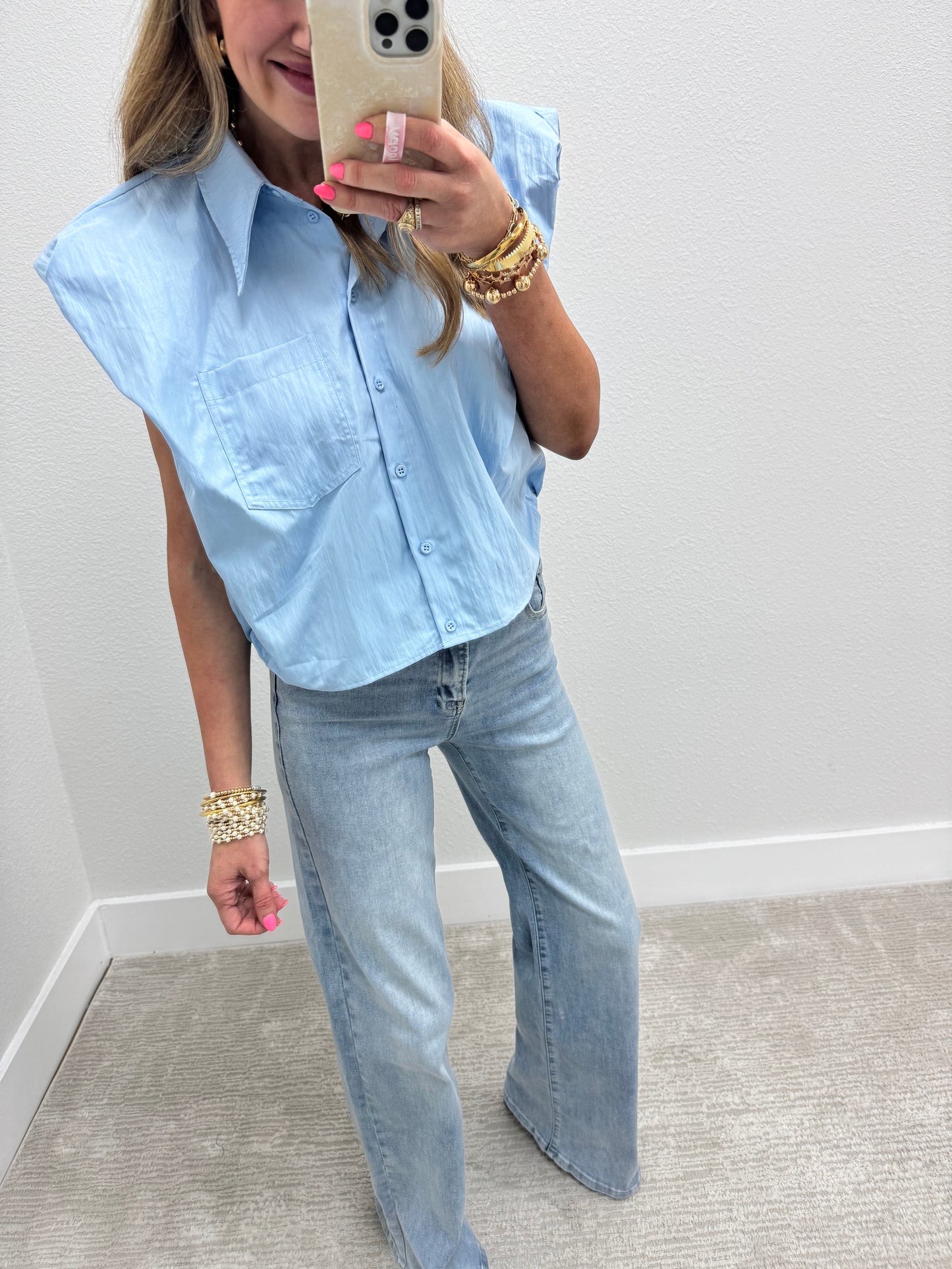 Blue Windbreaker Style Puff Sleeve Top