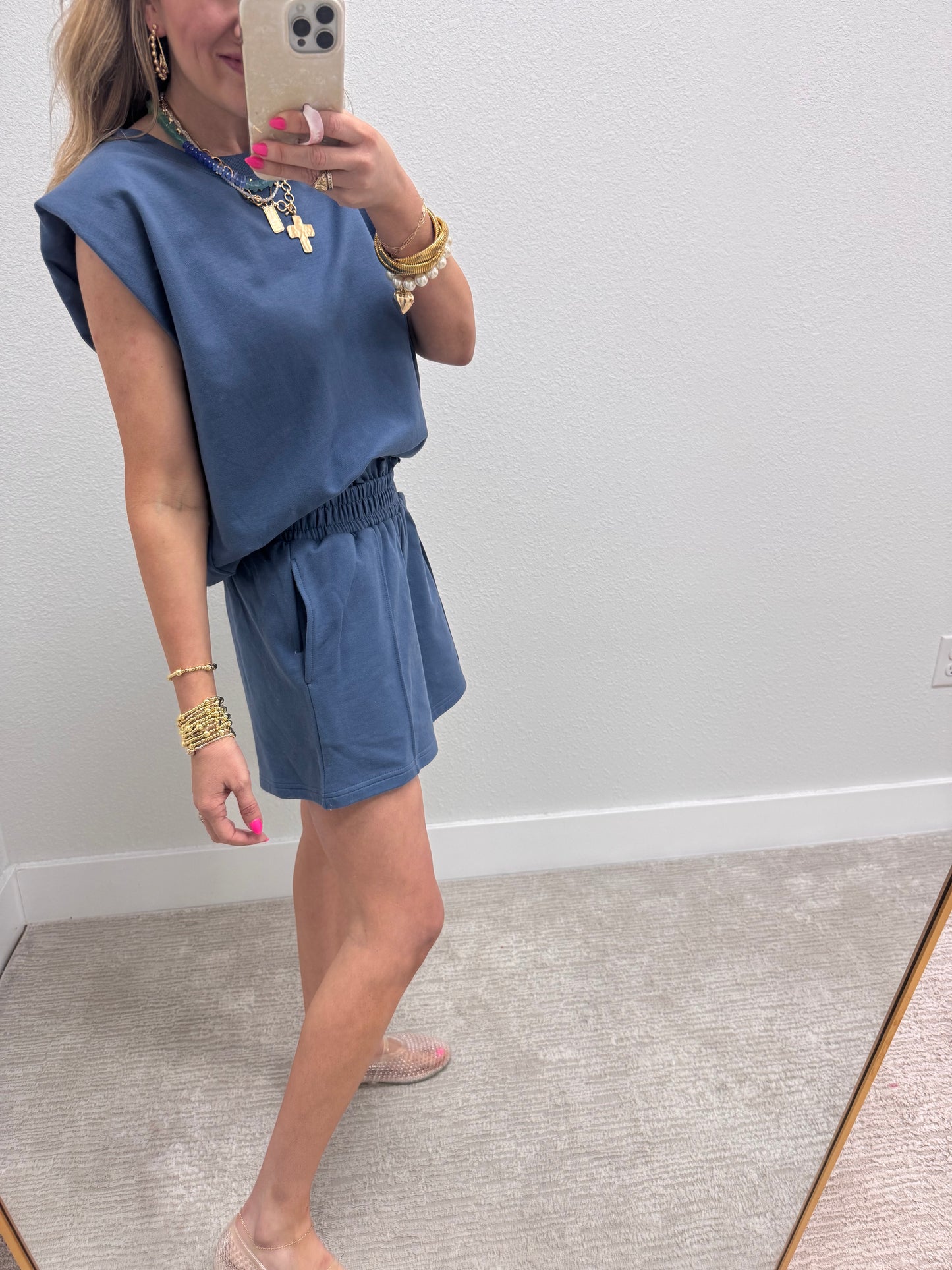 Dusty Blue French Terry Sleeveless Short Set