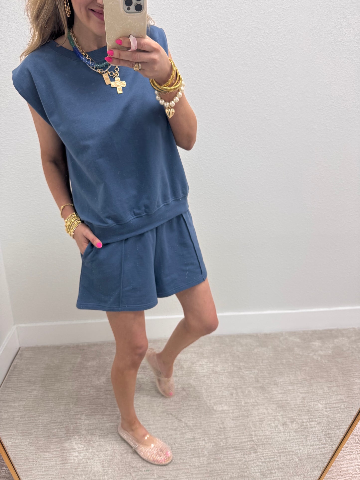 Dusty Blue French Terry Sleeveless Short Set