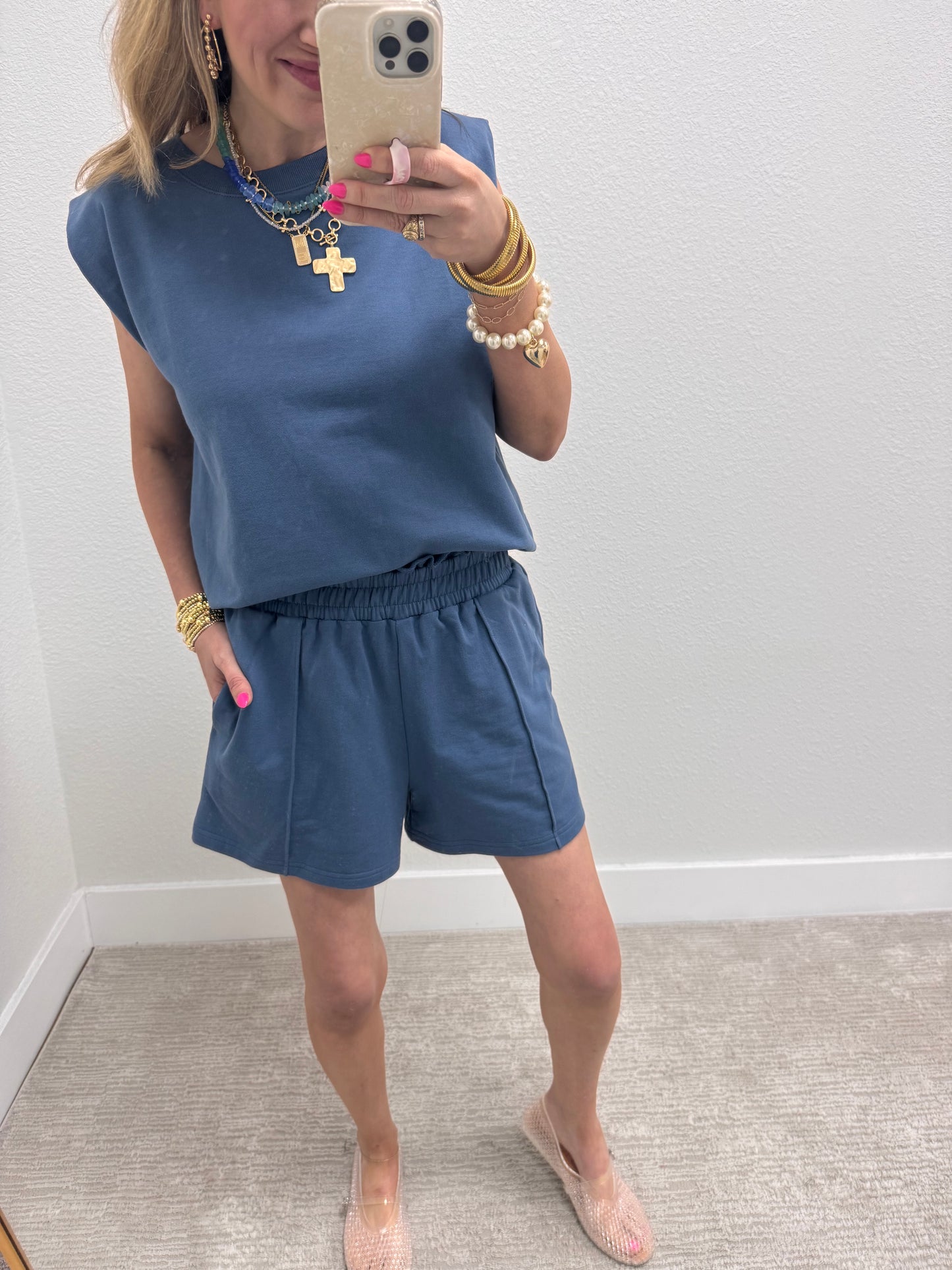 Dusty Blue French Terry Sleeveless Short Set