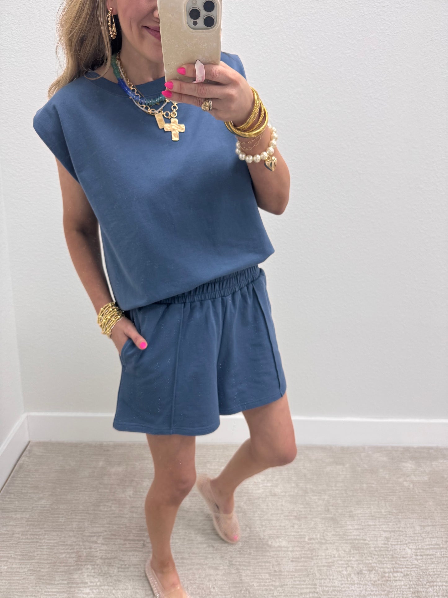 Dusty Blue French Terry Sleeveless Short Set