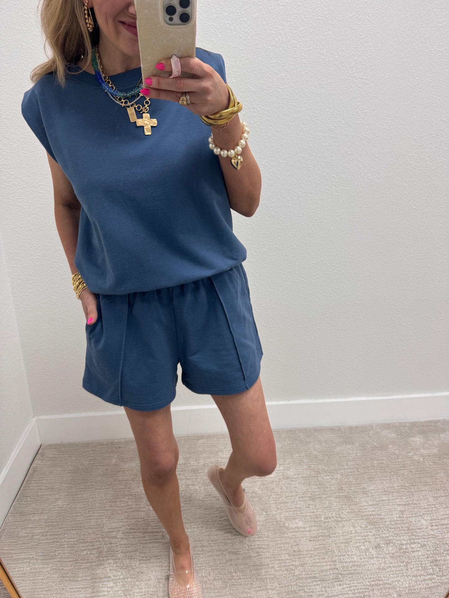 Dusty Blue French Terry Sleeveless Short Set