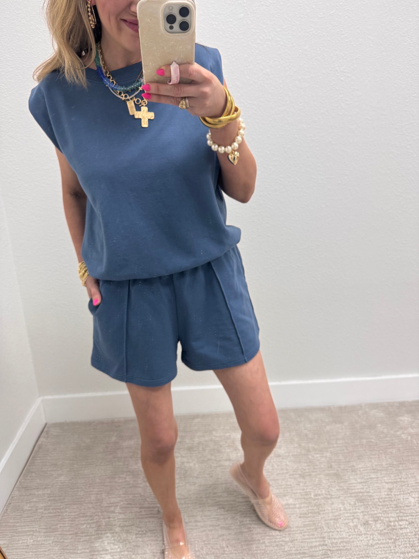 Dusty Blue French Terry Sleeveless Short Set