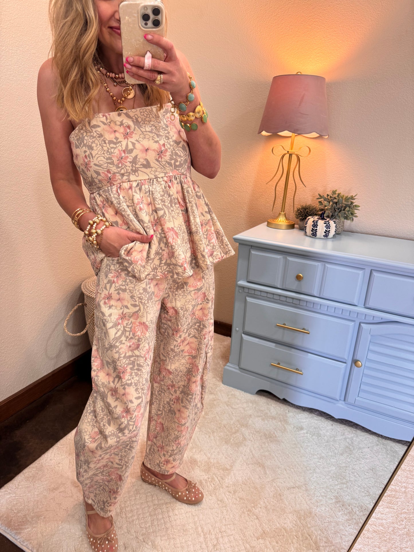 Khaki Floral Denim Jean Set