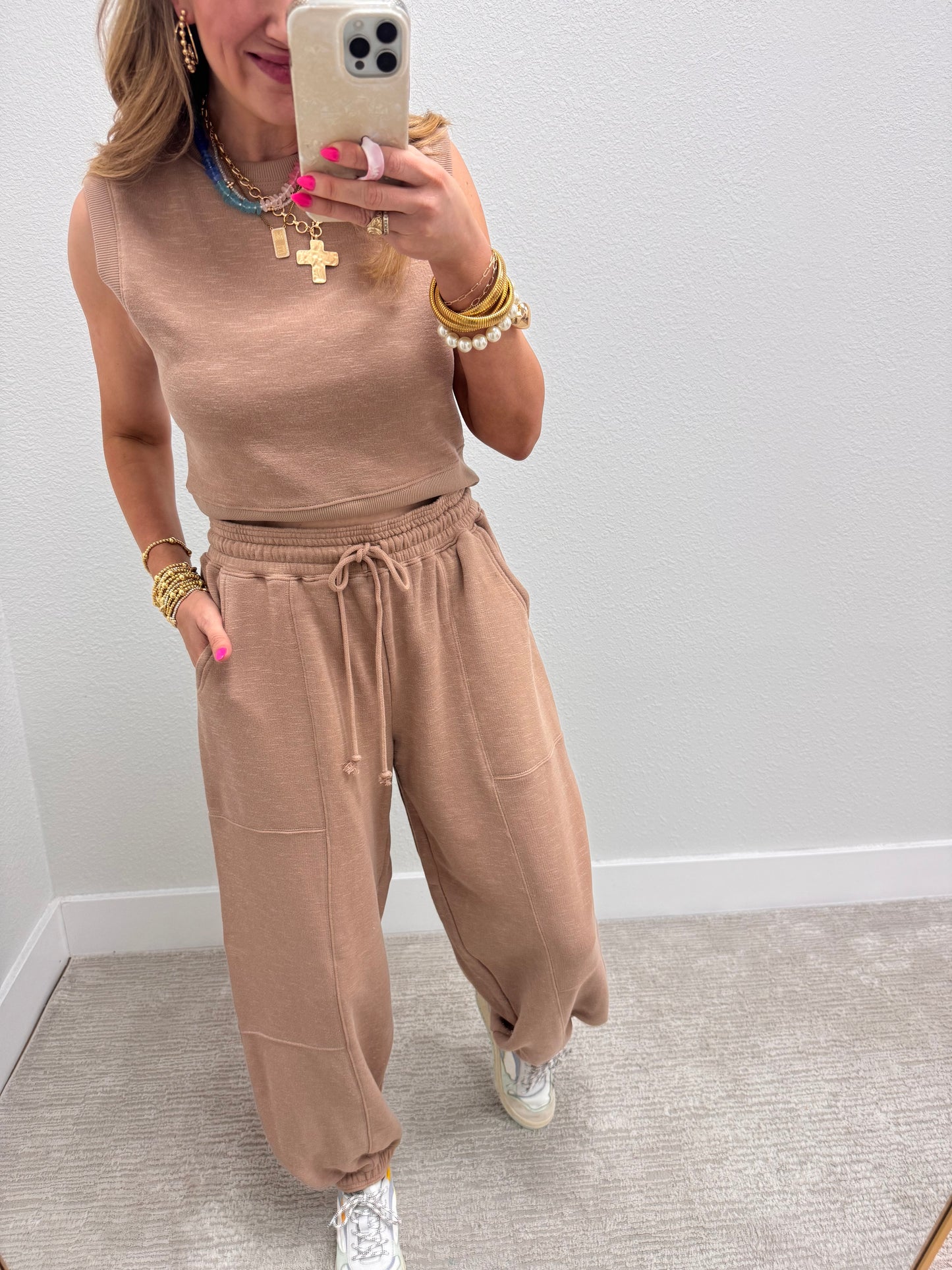Tan Two Piece Bubble Pant Set