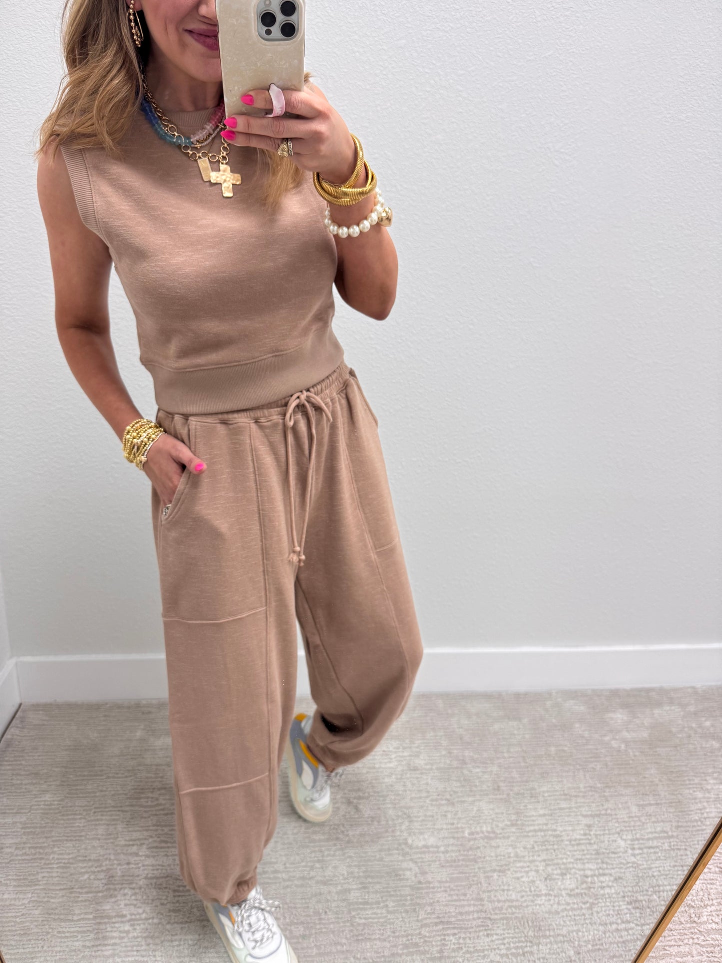 Tan Two Piece Bubble Pant Set
