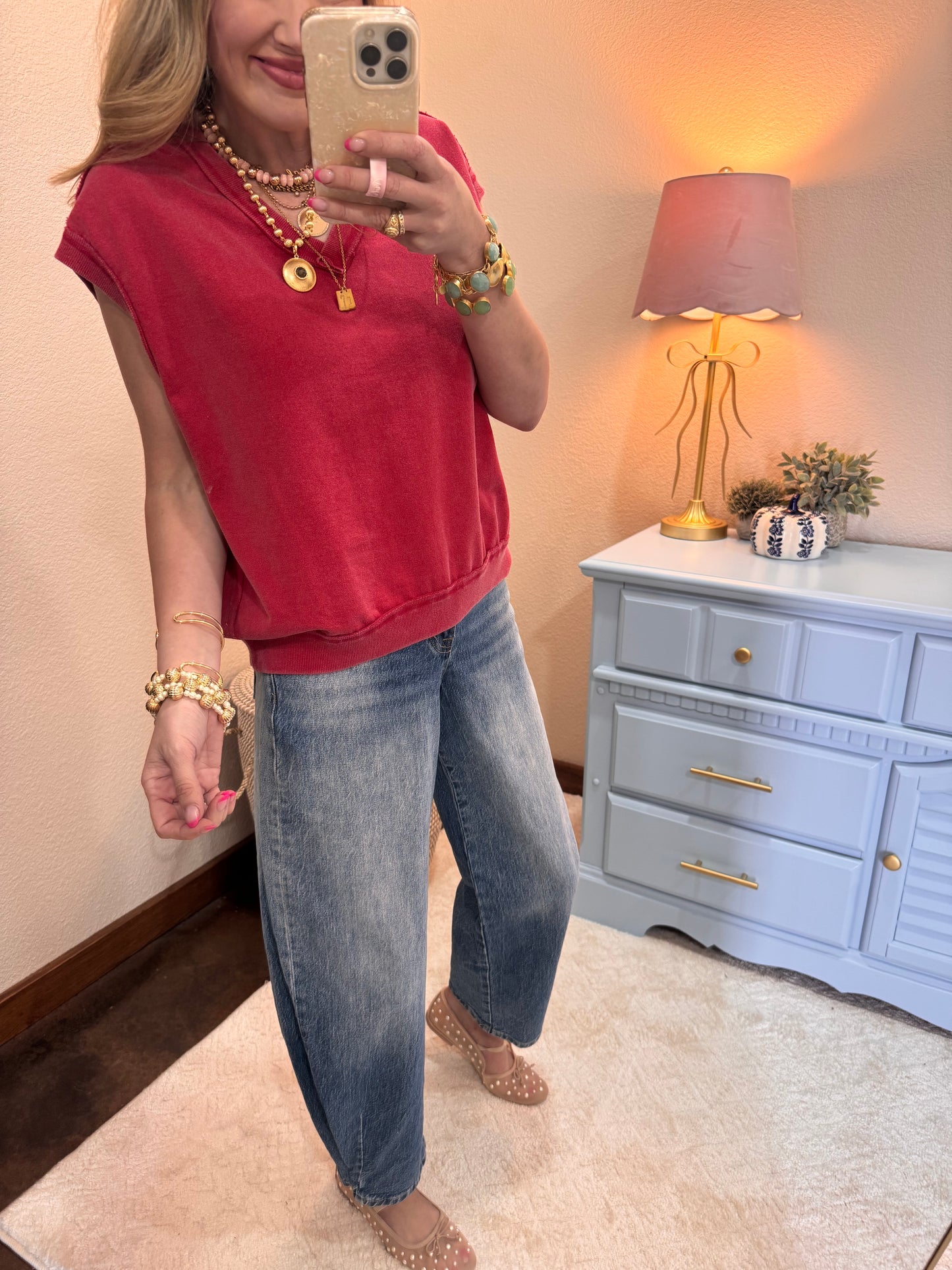 Red V Neck Sleeveless Top