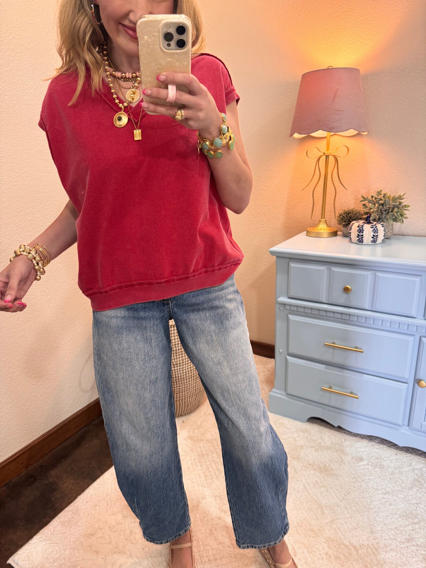 Red V Neck Sleeveless Top