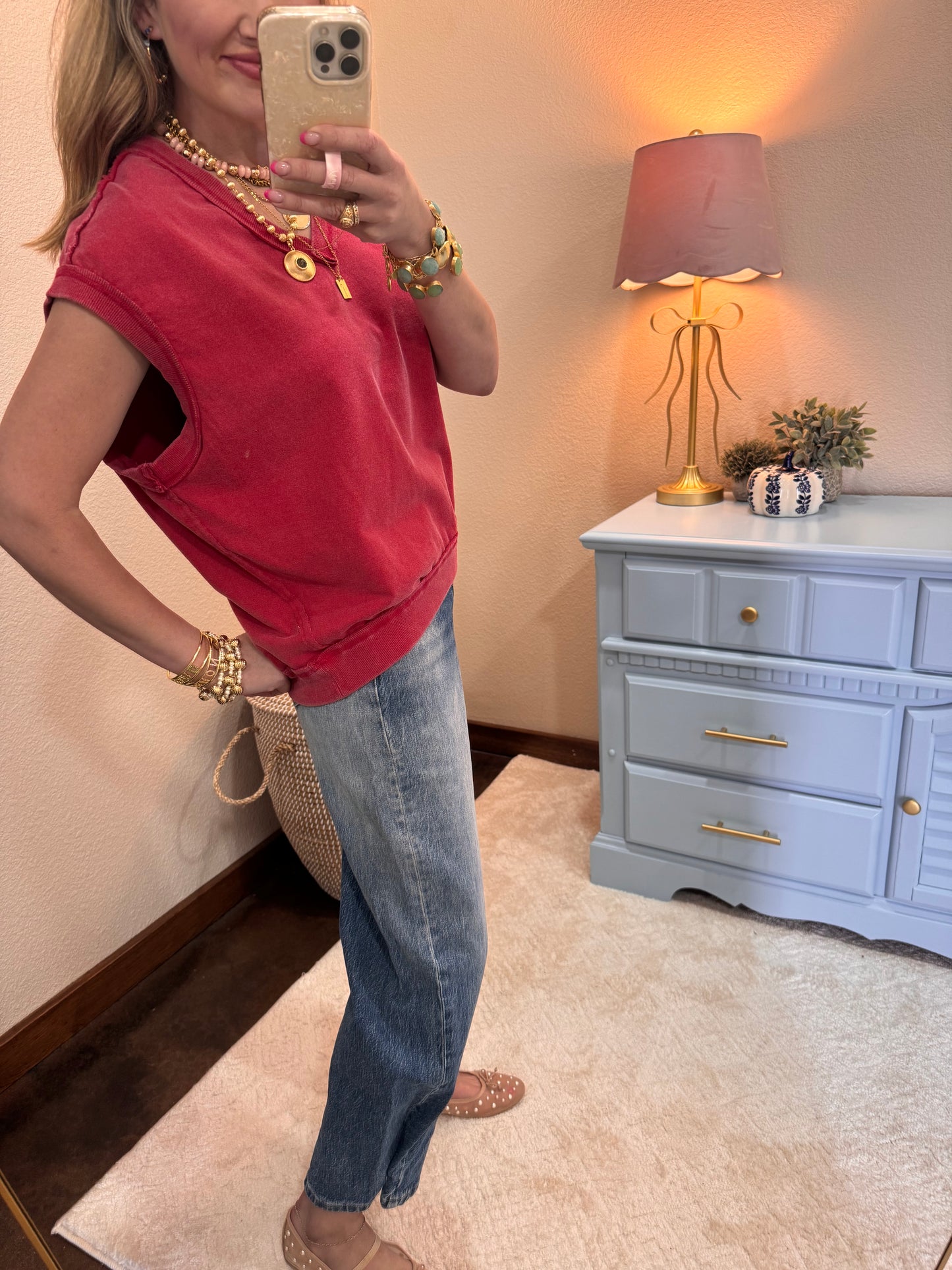Red V Neck Sleeveless Top