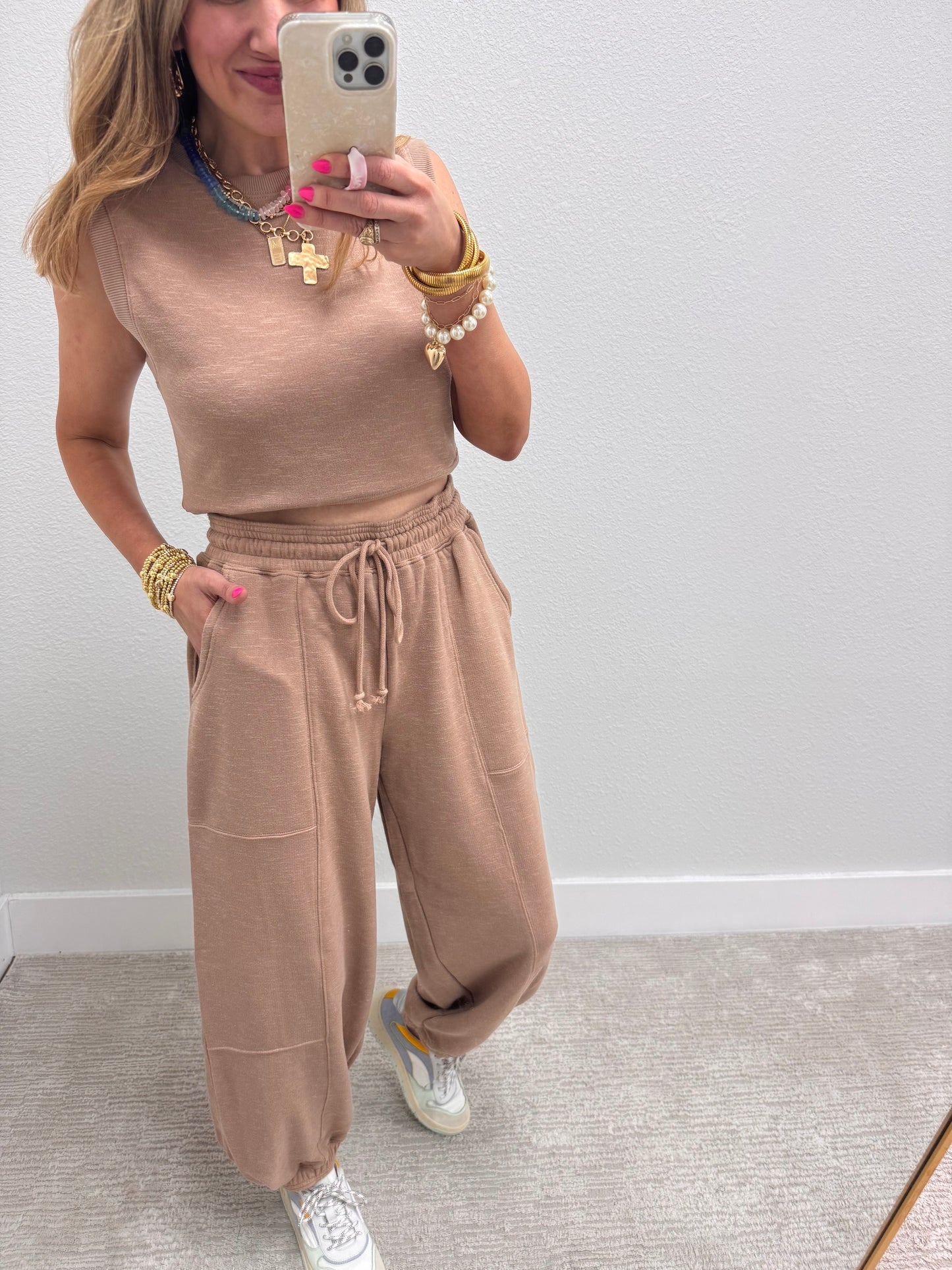 Tan Two Piece Bubble Pant Set