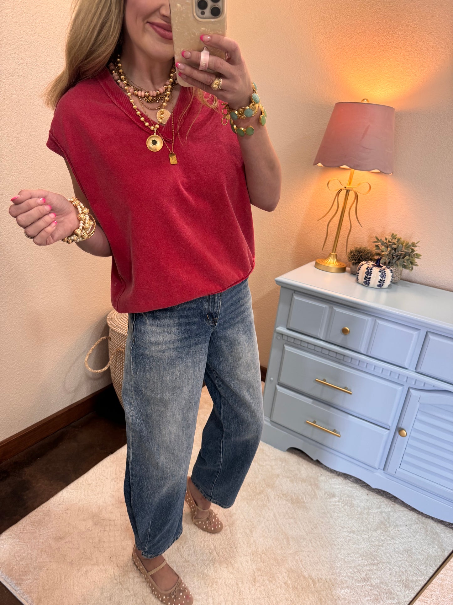 Red V Neck Sleeveless Top