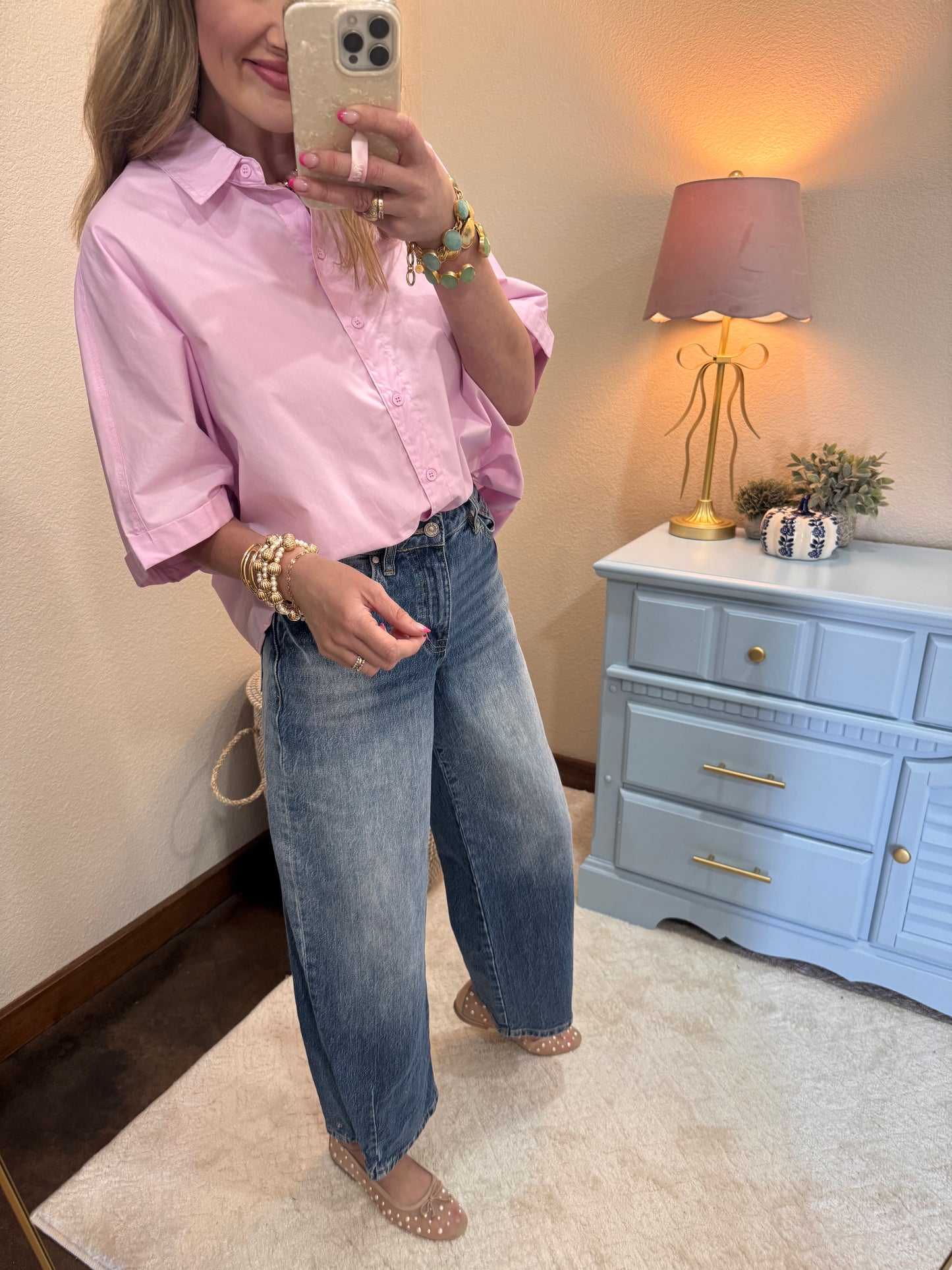 Pink Button Short Sleeve Top