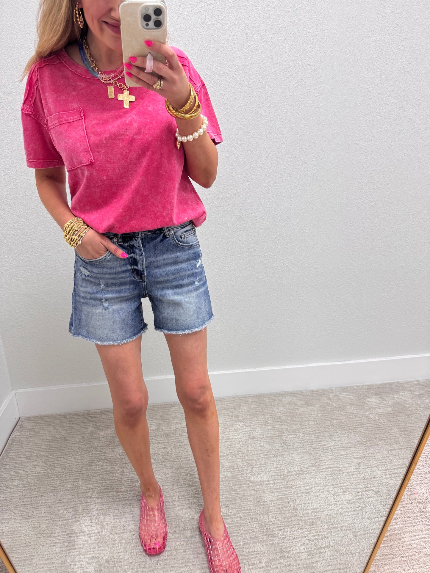Mica Midday Raw Hem Mid Length Denim Shorts