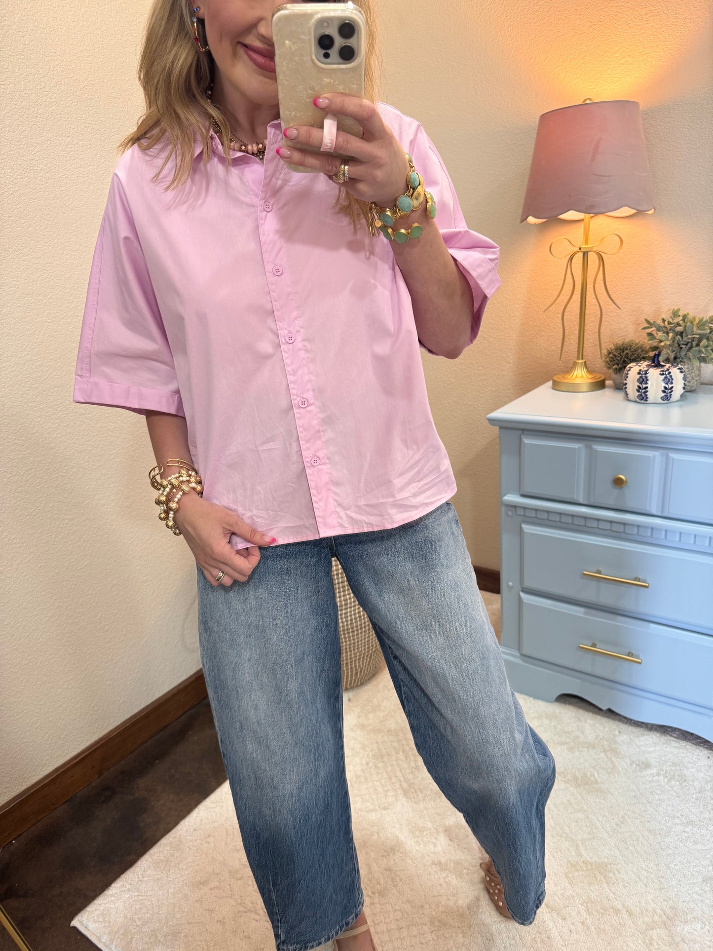 Pink Button Short Sleeve Top