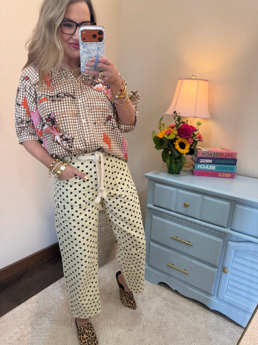 Queen of Sparkles Brown Gingham Bucking Cowgirl Button Up Cotton Top