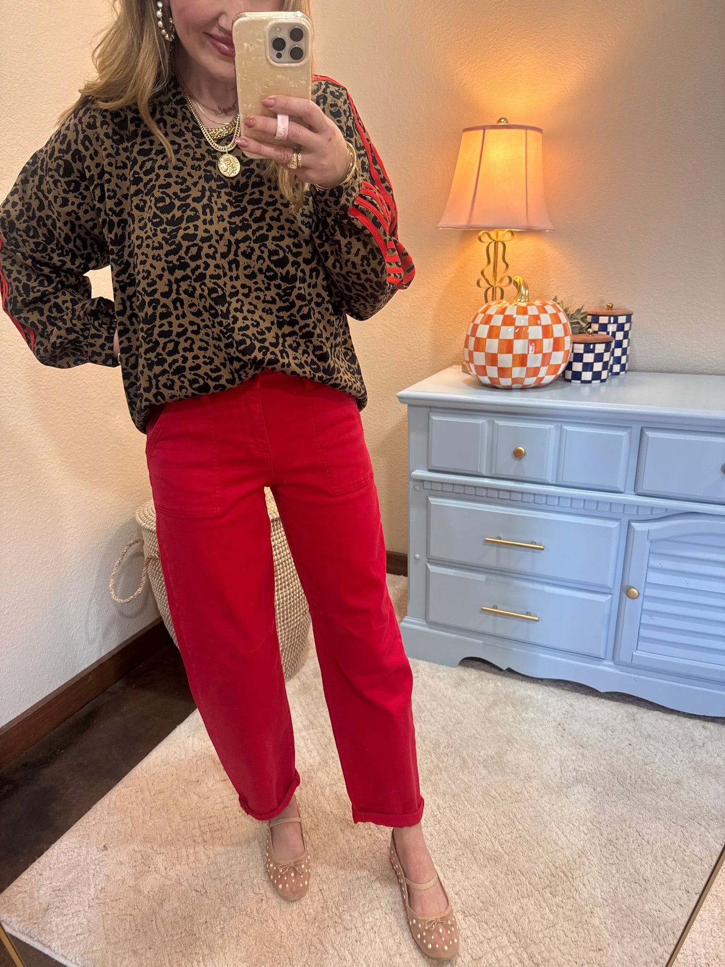 Leopard Top With Stripe Trim Accent