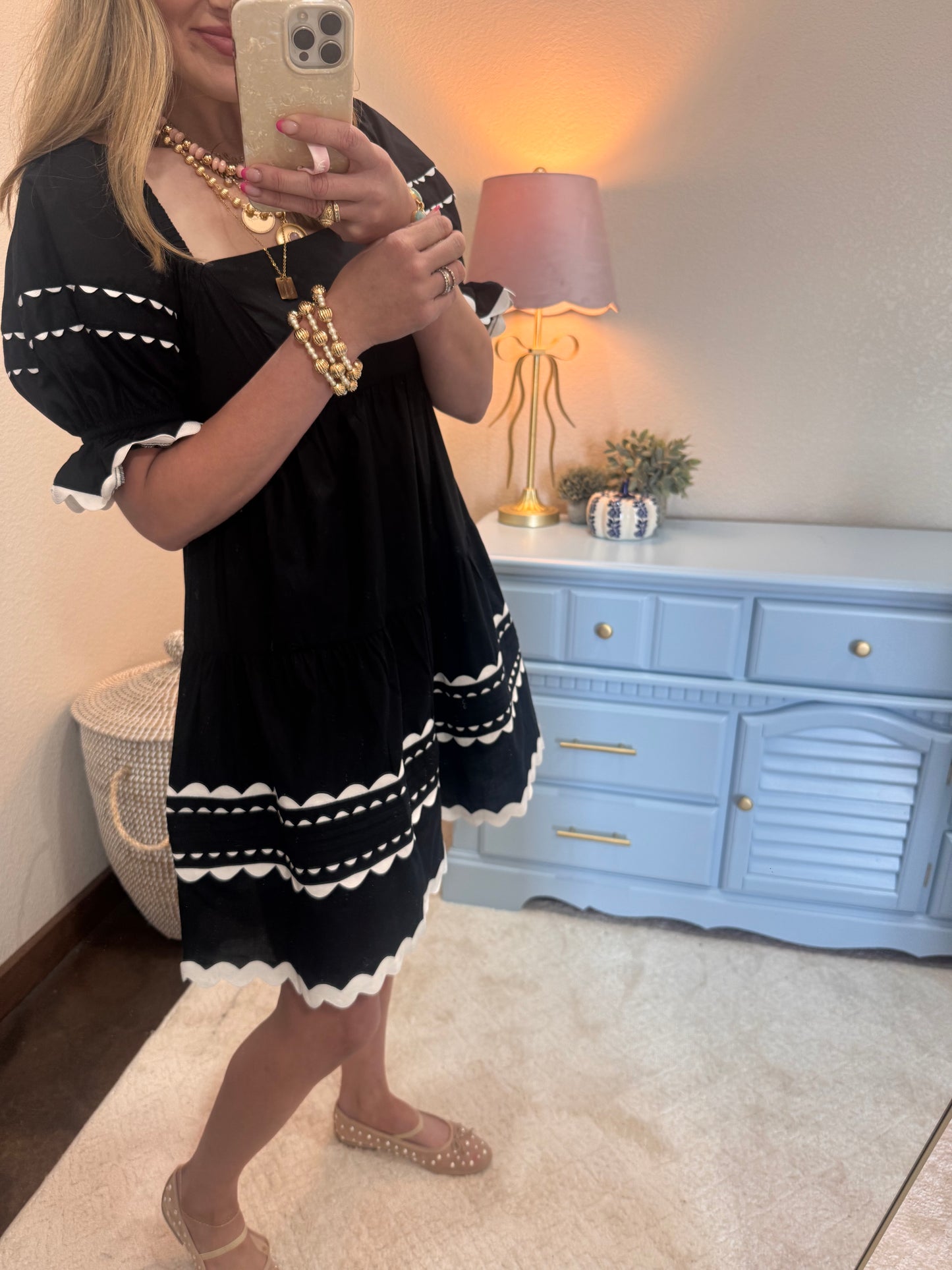 Black and White Ric Rac Puff Sleeve Dress