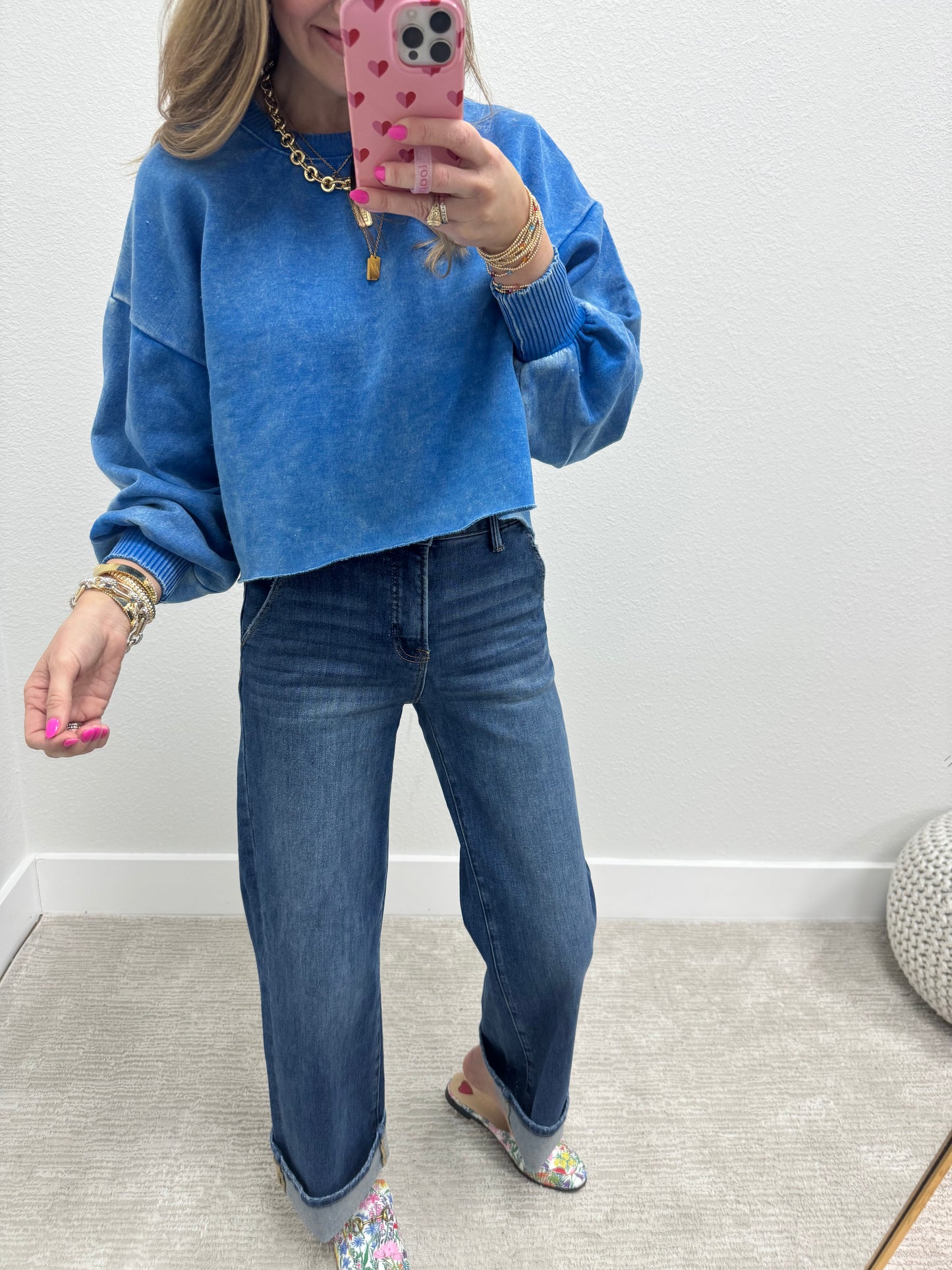 Ocean Blue Acid Washed Crop Pullover FS