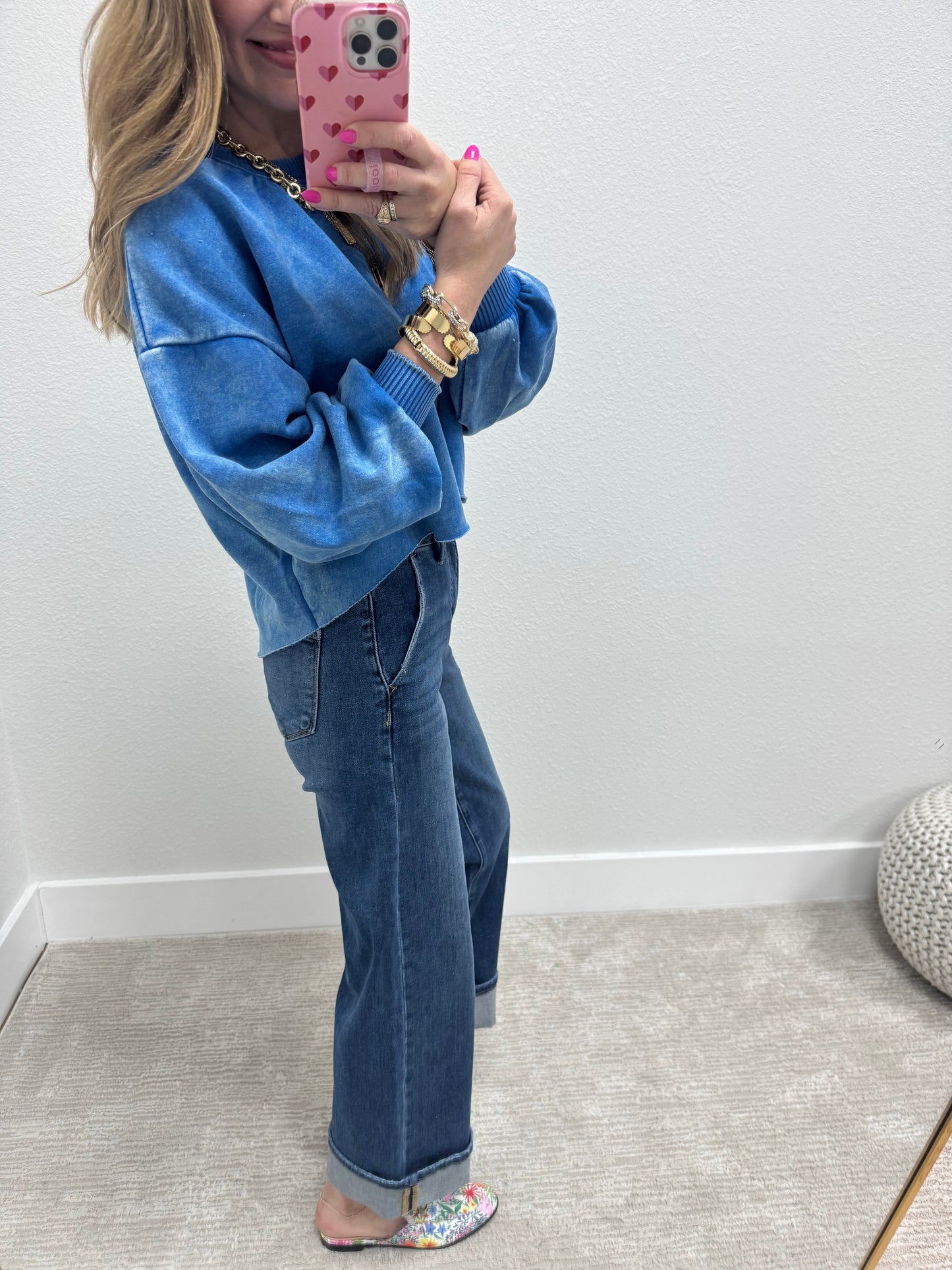 Ocean Blue Acid Washed Crop Pullover FS