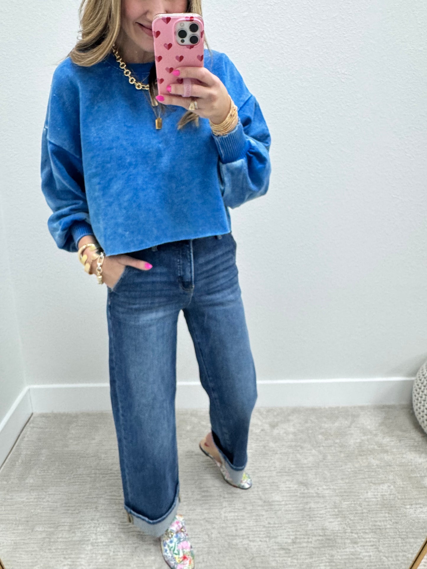 Ocean Blue Acid Washed Crop Pullover FS