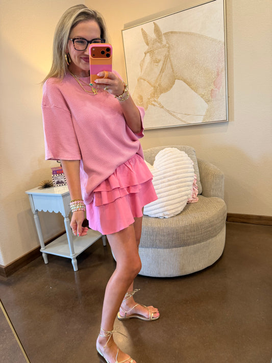 Pink Tiered Layers Activewear Skirt With Shorts