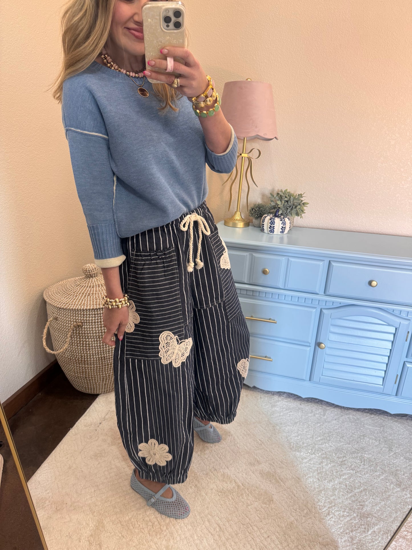 Denim Stripe Butterfly Patch Barrel Pants