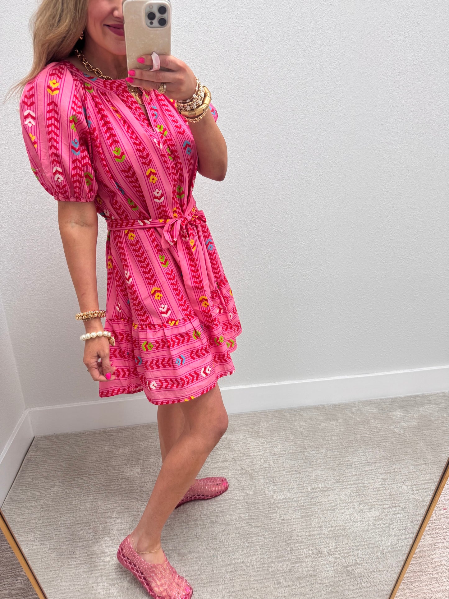 Pink Printed Button Down Belt Dress
