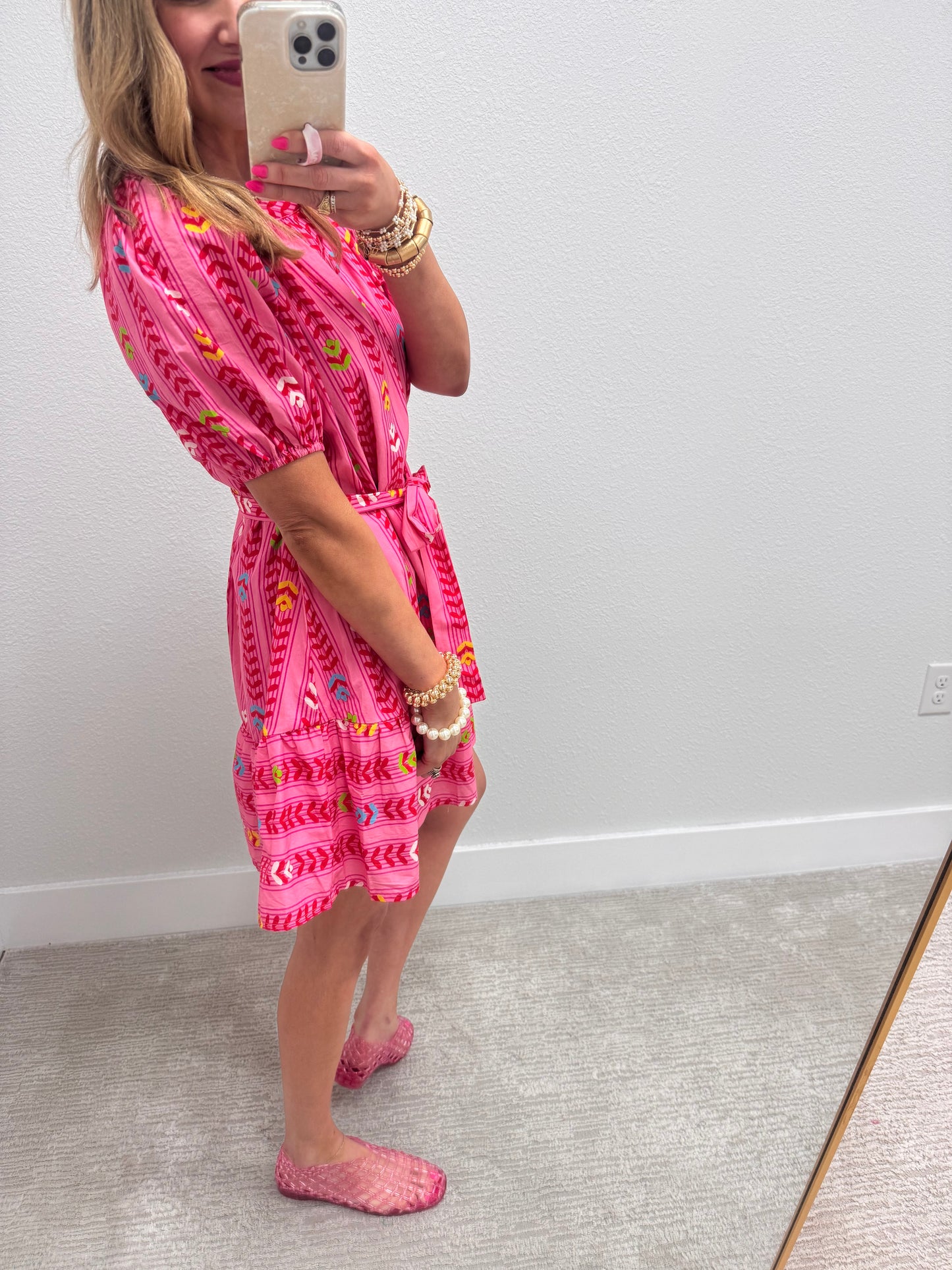 Pink Printed Button Down Belt Dress